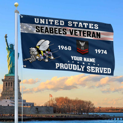 Premium US Seabees Grommet Flag, Custom Name, Rank, Year, Gifts For Seabees Veteran, Best Gifts On Father's Day, Armed Forces Day, Independence Day, Veterans Day.
