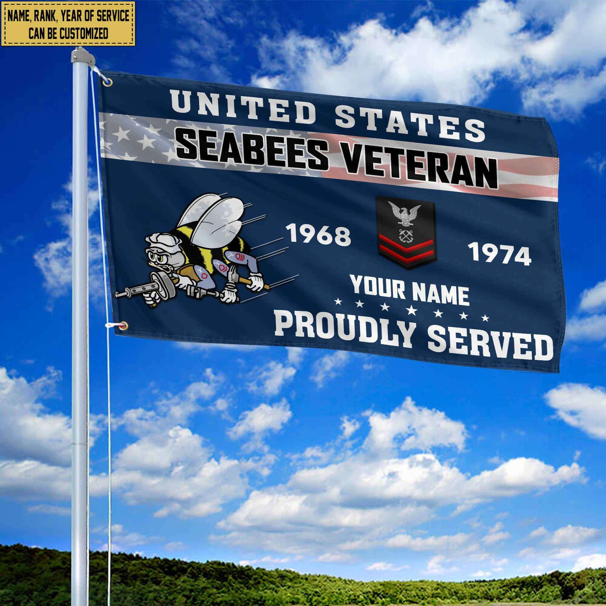 Premium US Seabees Grommet Flag, Custom Name, Rank, Year, Gifts For Seabees Veteran, Best Gifts On Father's Day, Armed Forces Day, Independence Day, Veterans Day.