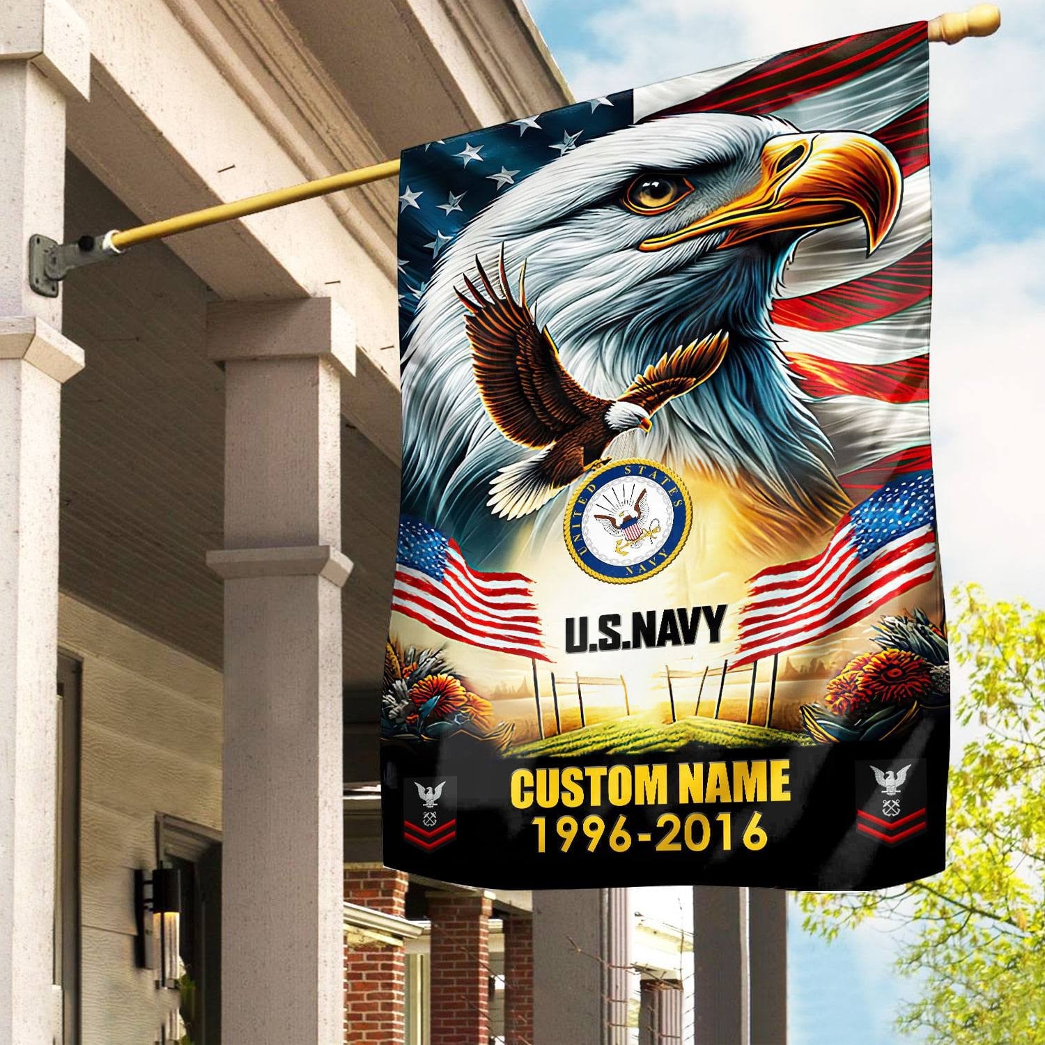 Premium Custom Name, Rank US Navy Flag, Gift For Navy Veteran, American Flag, Patriotic Flag, Garden Flag, House Flag, Best Gifts On Father's Day, Independence Day, Veterans Day.