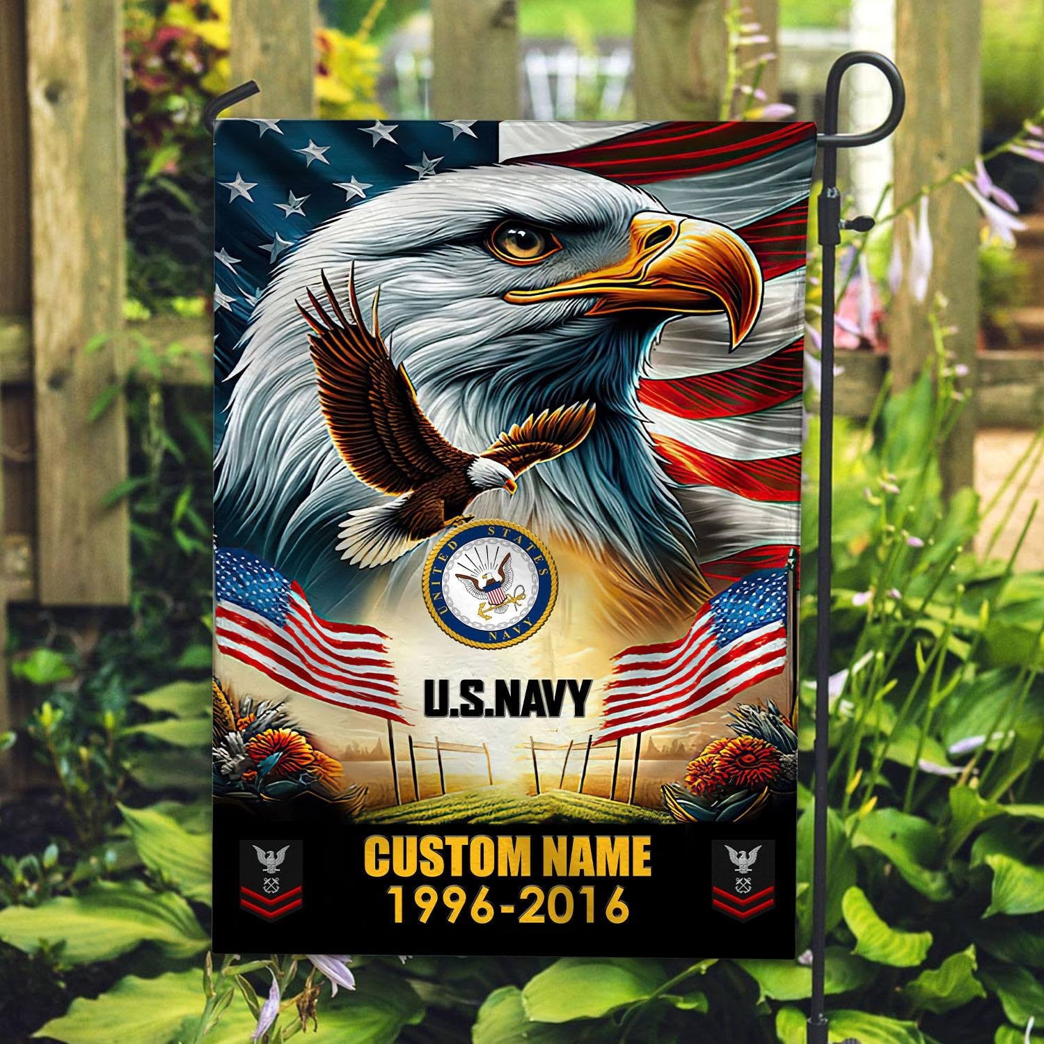 Premium Custom Name, Rank US Navy Flag, Gift For Navy Veteran, American Flag, Patriotic Flag, Garden Flag, House Flag, Best Gifts On Father's Day, Independence Day, Veterans Day.