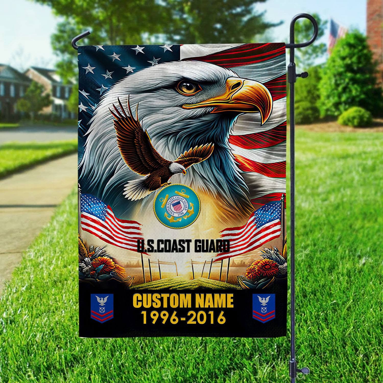 Premium Custom Name, Rank USCG Flag, Gift For Coast Guard Veteran, American Flag, Patriotic Flag, Garden Flag, House Flag, Best Gifts On Father's Day, Independence Day, Veterans Day.