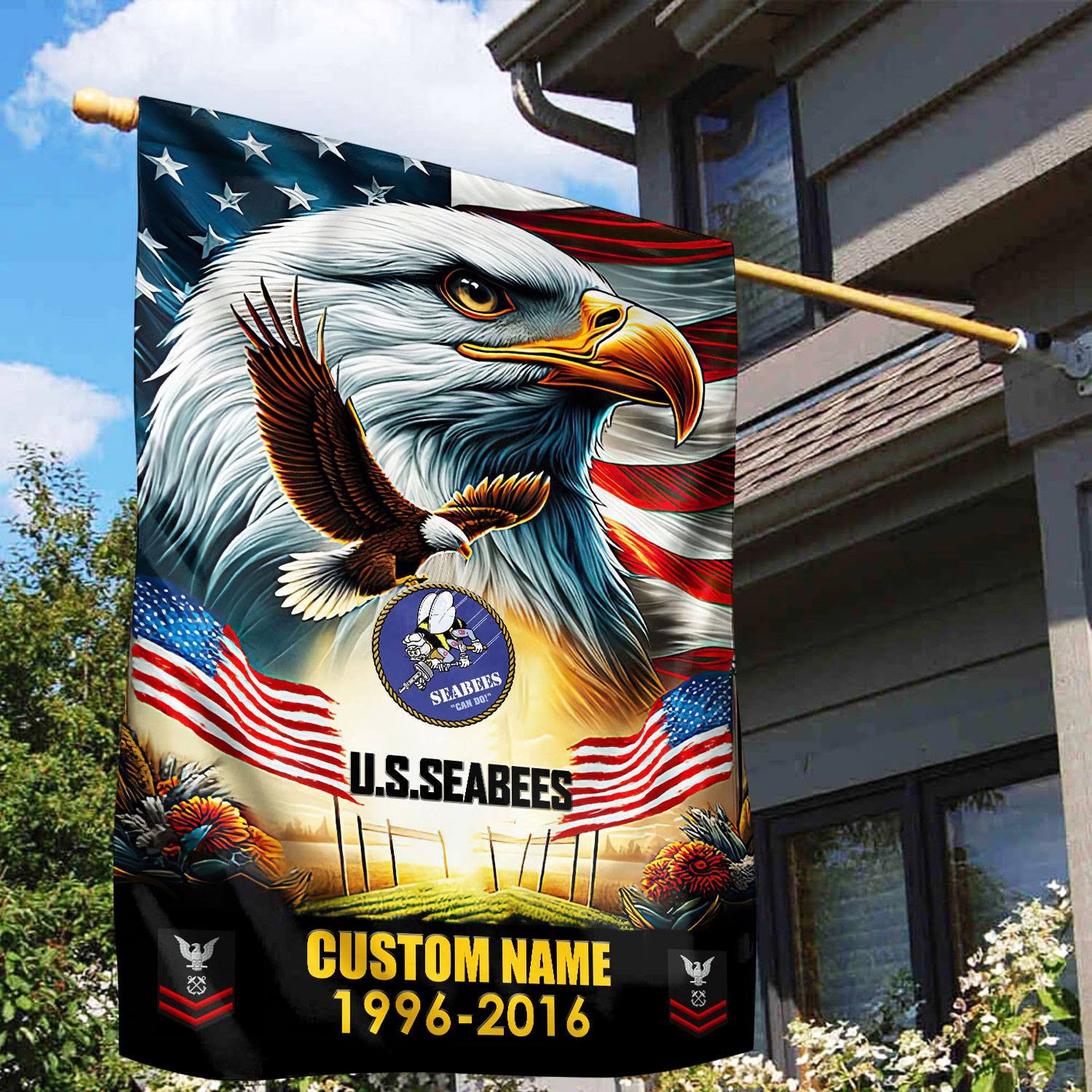 Premium Custom Name, Rank US Seabees Flag, Gift For Seabees Veteran, American Flag, Patriotic Flag, Garden Flag, House Flag, Best Gifts On Father's Day, Independence Day, Veterans Day.