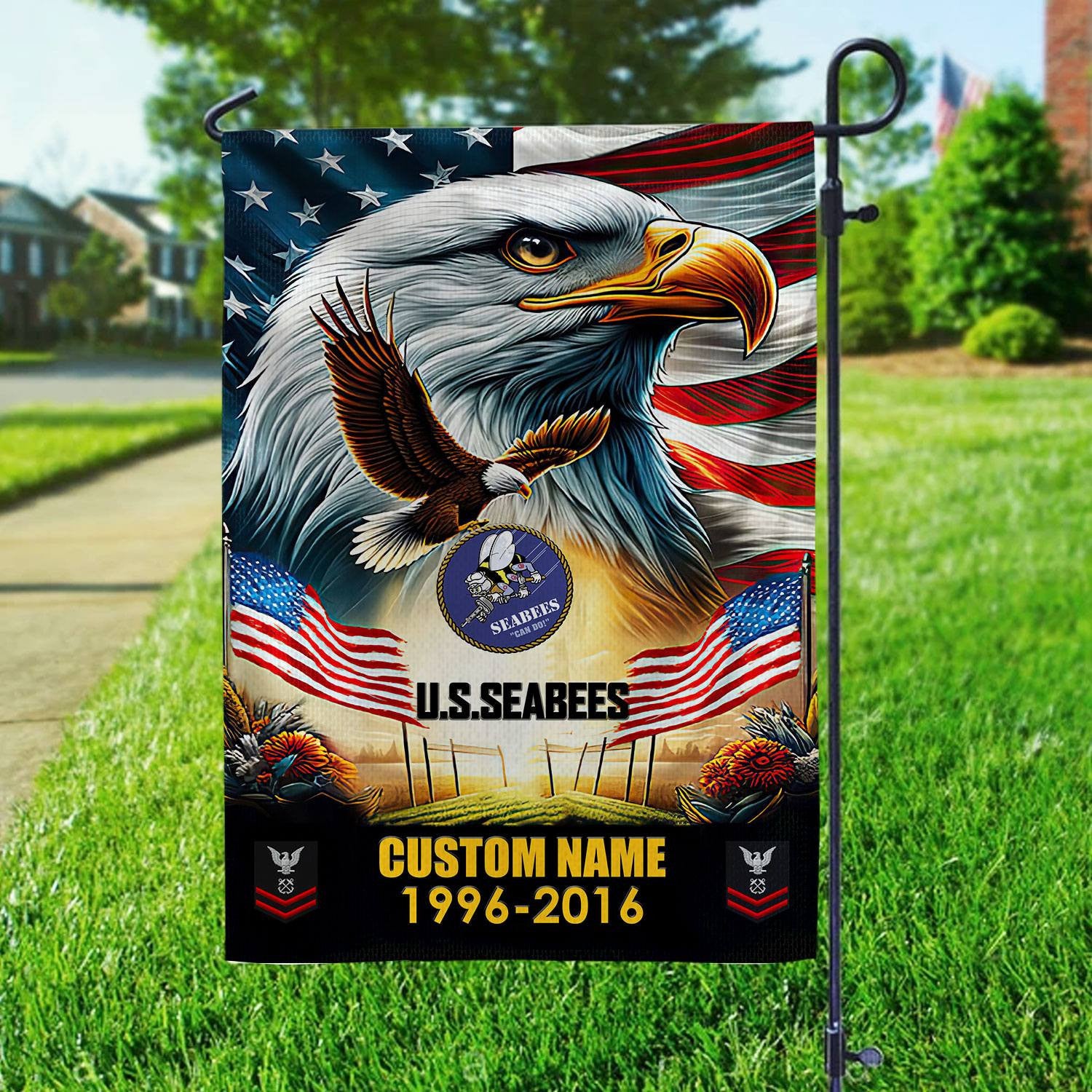Premium Custom Name, Rank US Seabees Flag, Gift For Seabees Veteran, American Flag, Patriotic Flag, Garden Flag, House Flag, Best Gifts On Father's Day, Independence Day, Veterans Day.