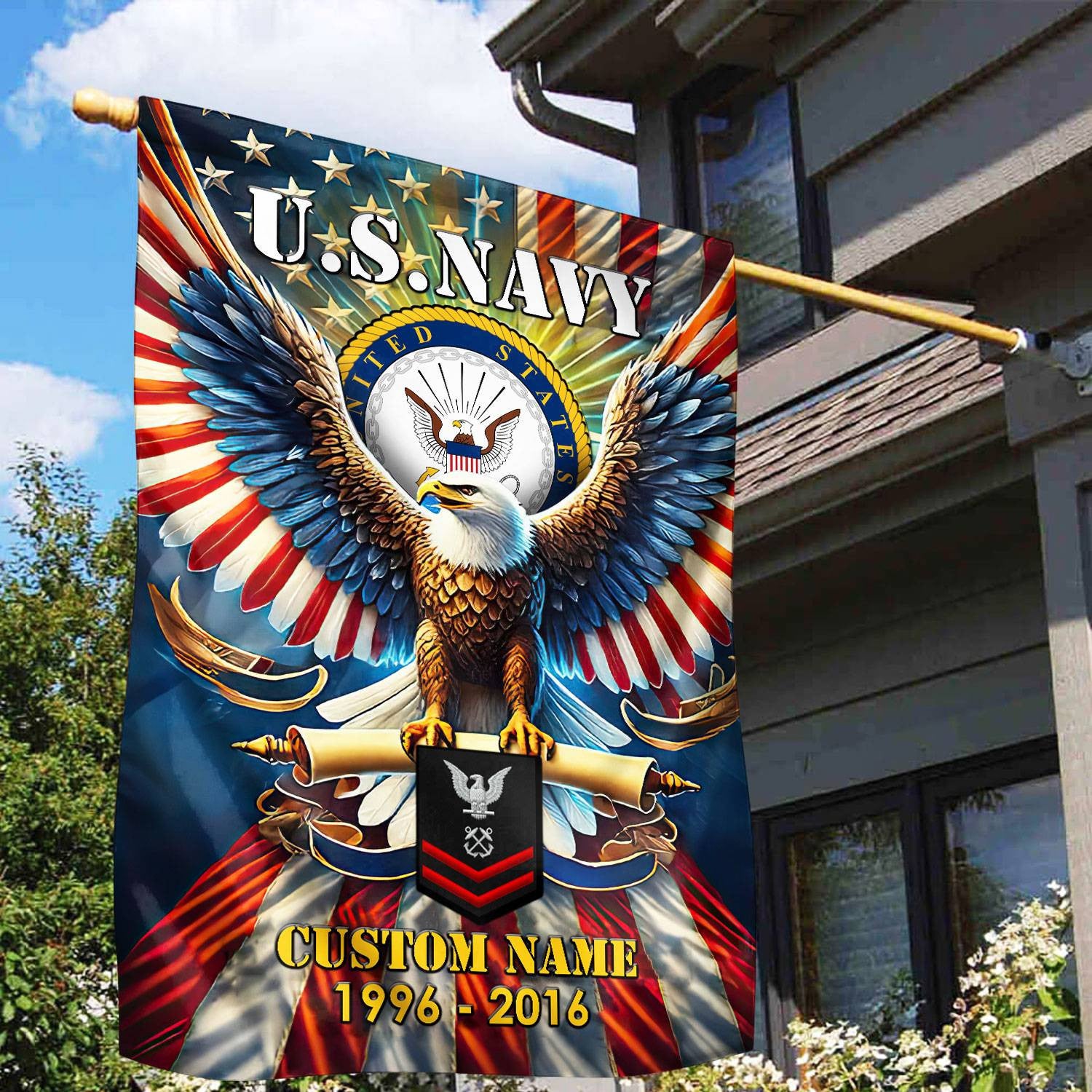 Premium Custom Name, Rank US Navy Flag, Gift For Navy Veteran, American Flag, Patriotic Flag, Garden Flag, House Flag, Best Gifts On Father's Day, Independence Day, Veterans Day.
