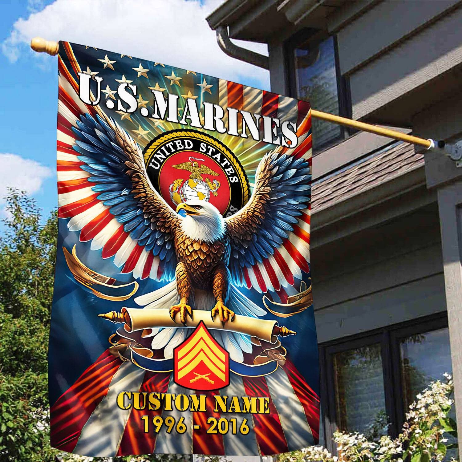 Premium Custom Name, Rank USMC Flag, Gift For Marine Veteran, American Flag, Patriotic Flag, Garden Flag, House Flag, Best Gifts On Father's Day, Independence Day, Veterans Day.