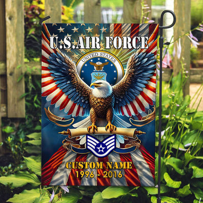 Premium Custom Name, Rank USAF Flag, Gift For Air Force Veteran, American Flag, Patriotic Flag, Garden Flag, House Flag, Best Gifts On Father's Day, Independence Day, Veterans Day.
