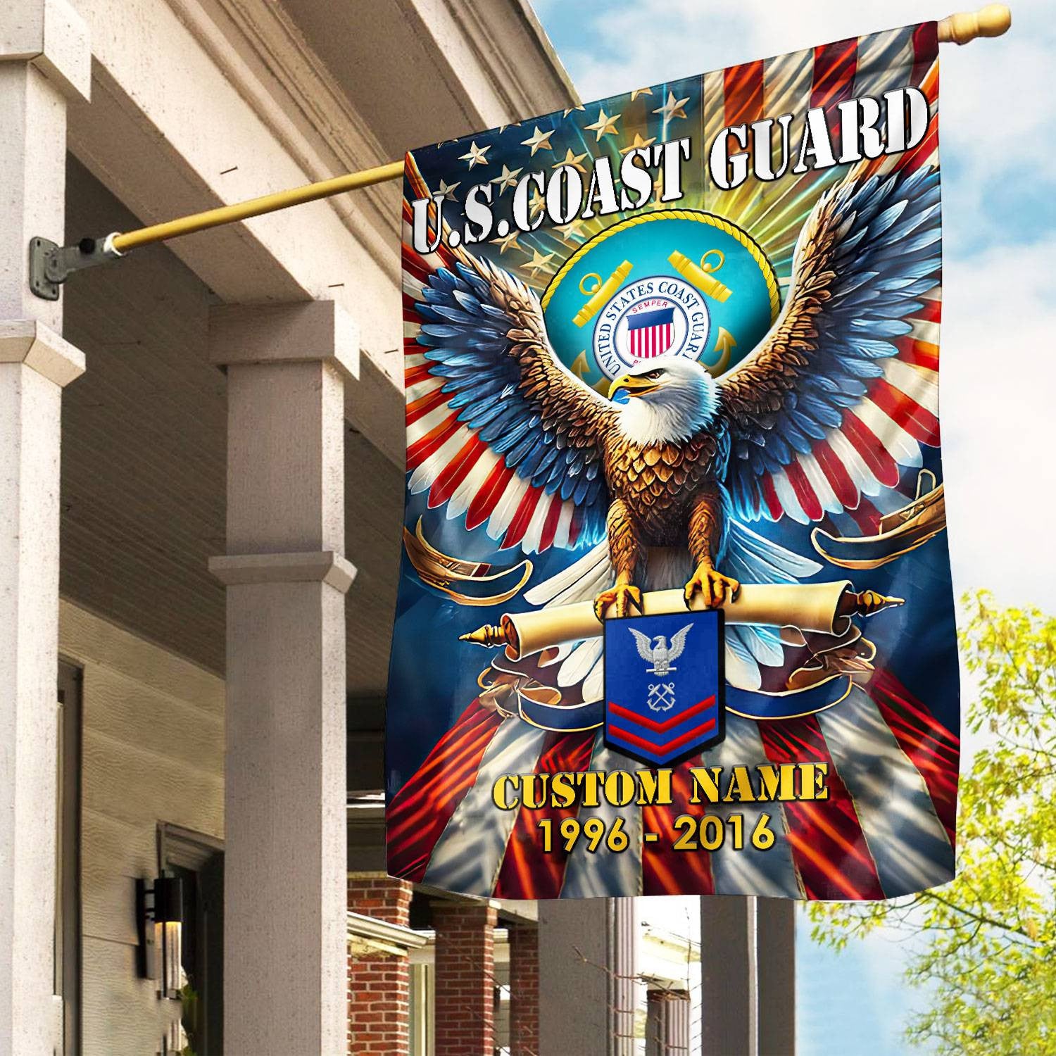 Premium Custom Name, Rank USCG Flag, Gift For Coast Guard Veteran, American Flag, Patriotic Flag, Garden Flag, House Flag, Best Gifts On Father's Day, Independence Day, Veterans Day.