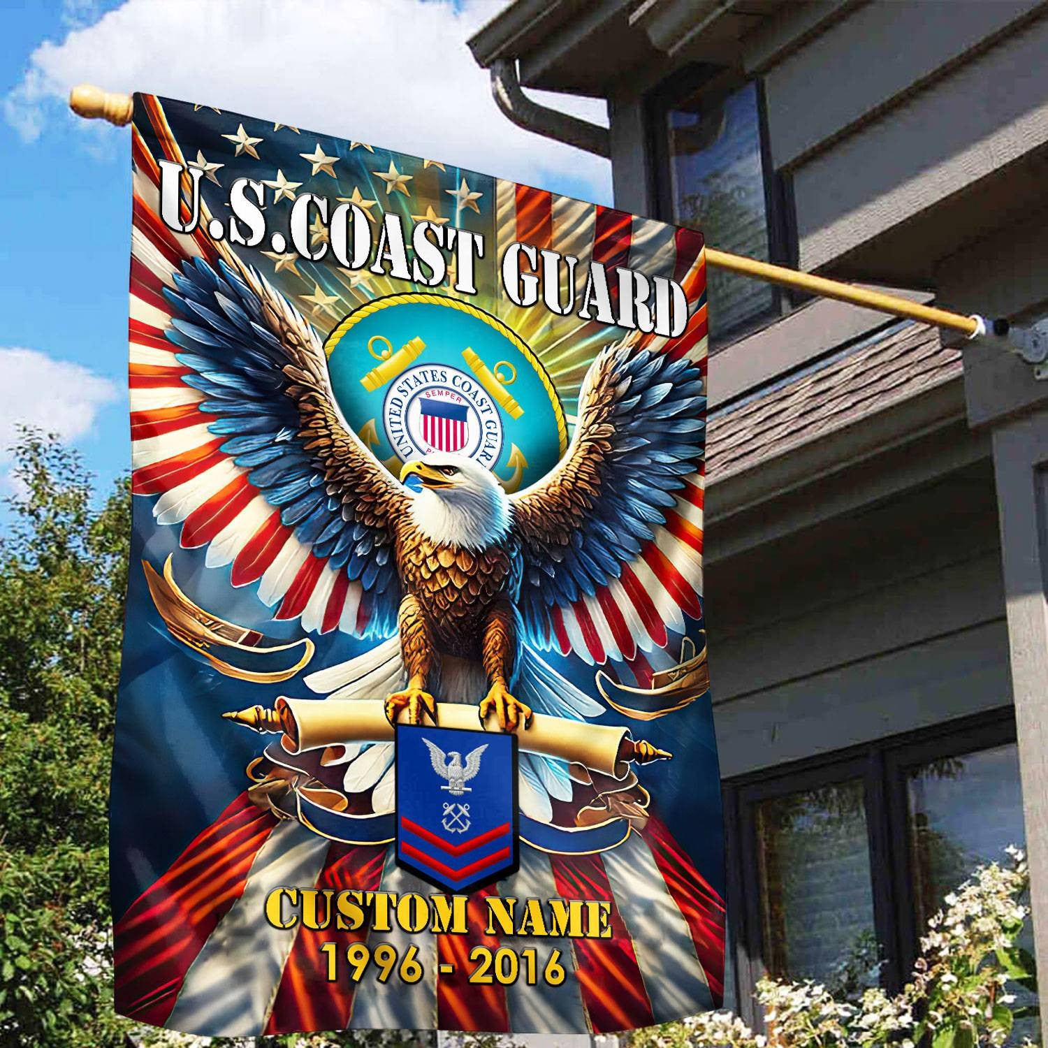 Premium Custom Name, Rank USCG Flag, Gift For Coast Guard Veteran, American Flag, Patriotic Flag, Garden Flag, House Flag, Best Gifts On Father's Day, Independence Day, Veterans Day.