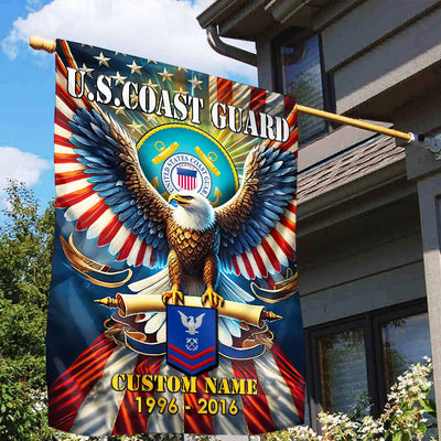Premium Custom Name, Rank USCG Flag, Gift For Coast Guard Veteran, American Flag, Patriotic Flag, Garden Flag, House Flag, Best Gifts On Father's Day, Independence Day, Veterans Day.