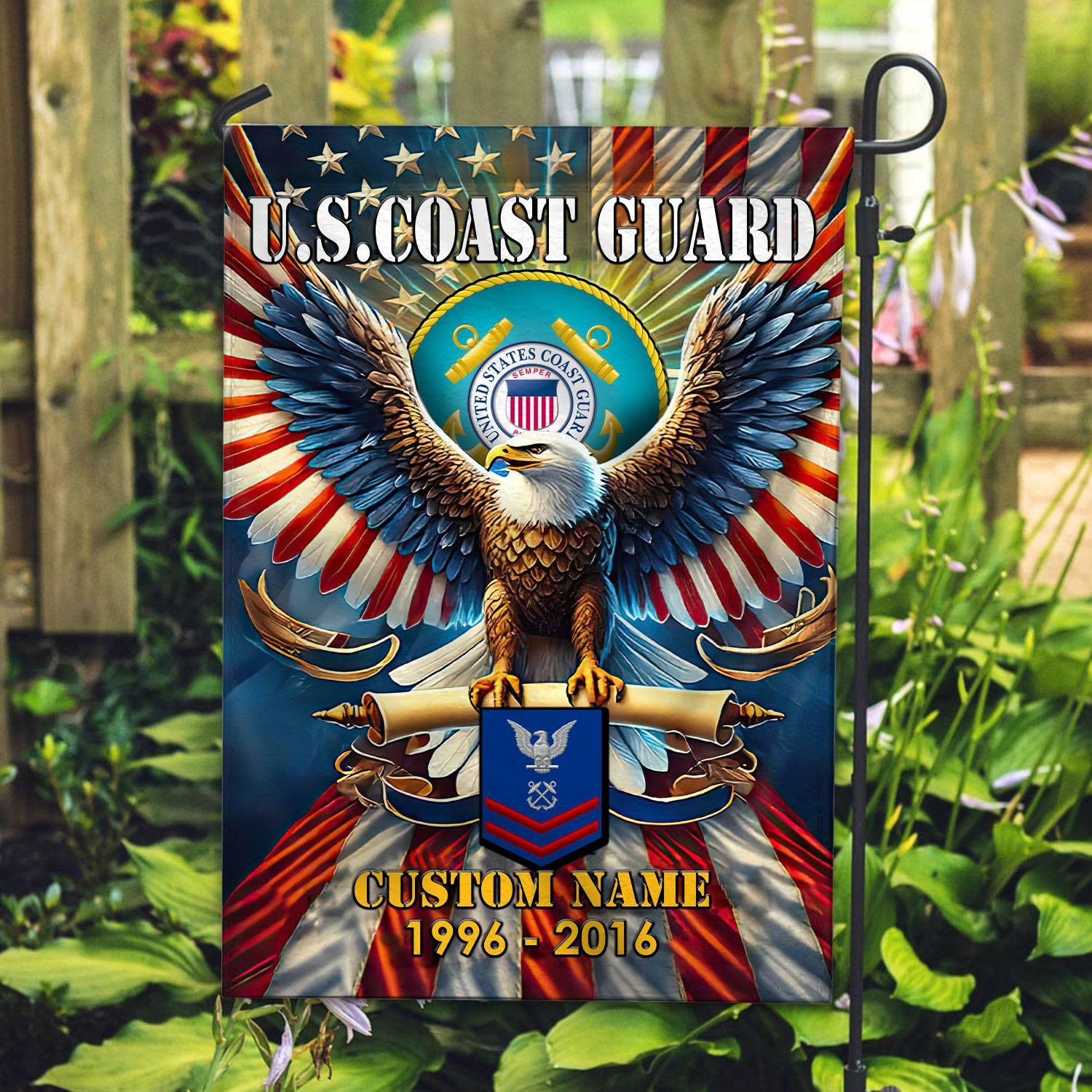 Premium Custom Name, Rank USCG Flag, Gift For Coast Guard Veteran, American Flag, Patriotic Flag, Garden Flag, House Flag, Best Gifts On Father's Day, Independence Day, Veterans Day.