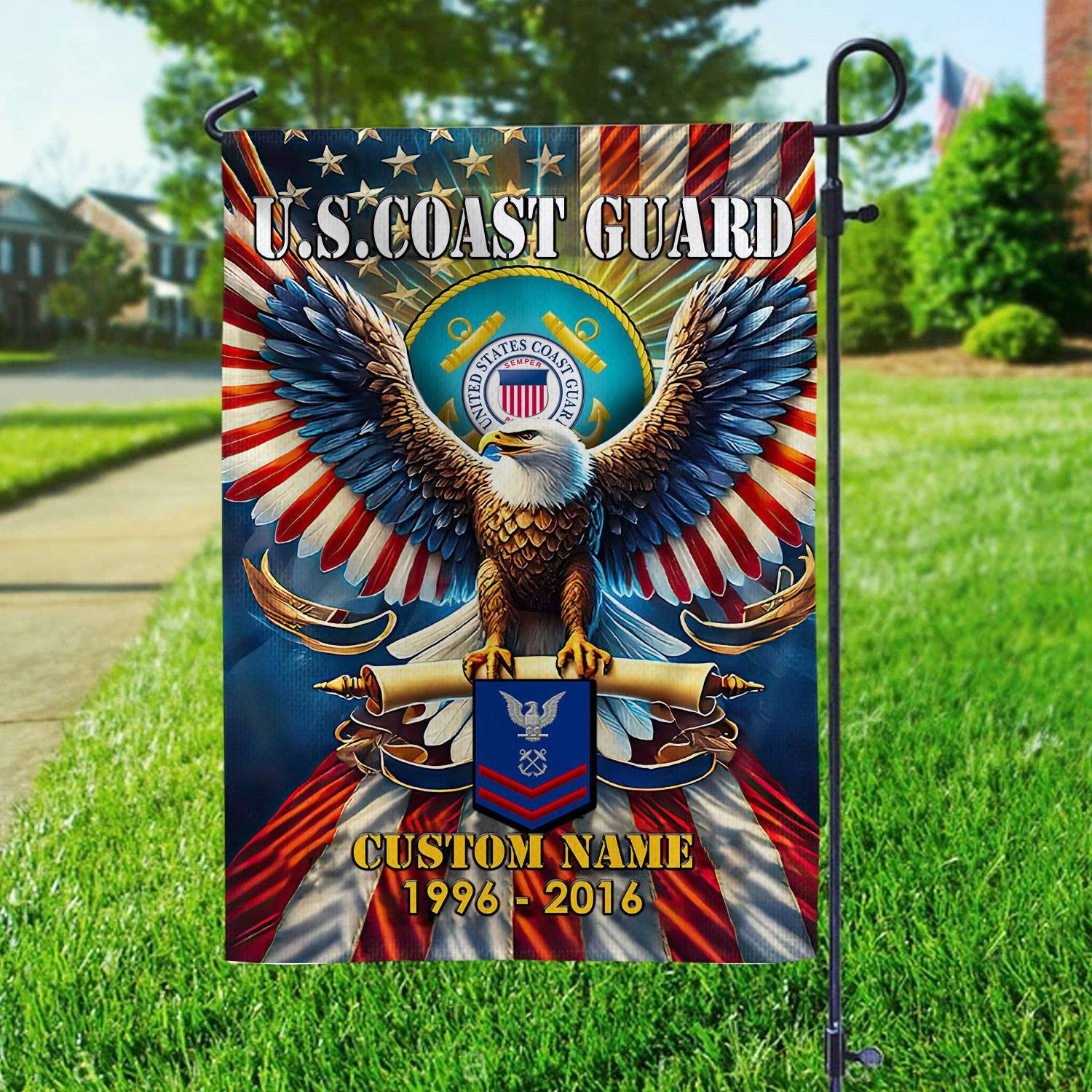 Premium Custom Name, Rank USCG Flag, Gift For Coast Guard Veteran, American Flag, Patriotic Flag, Garden Flag, House Flag, Best Gifts On Father's Day, Independence Day, Veterans Day.