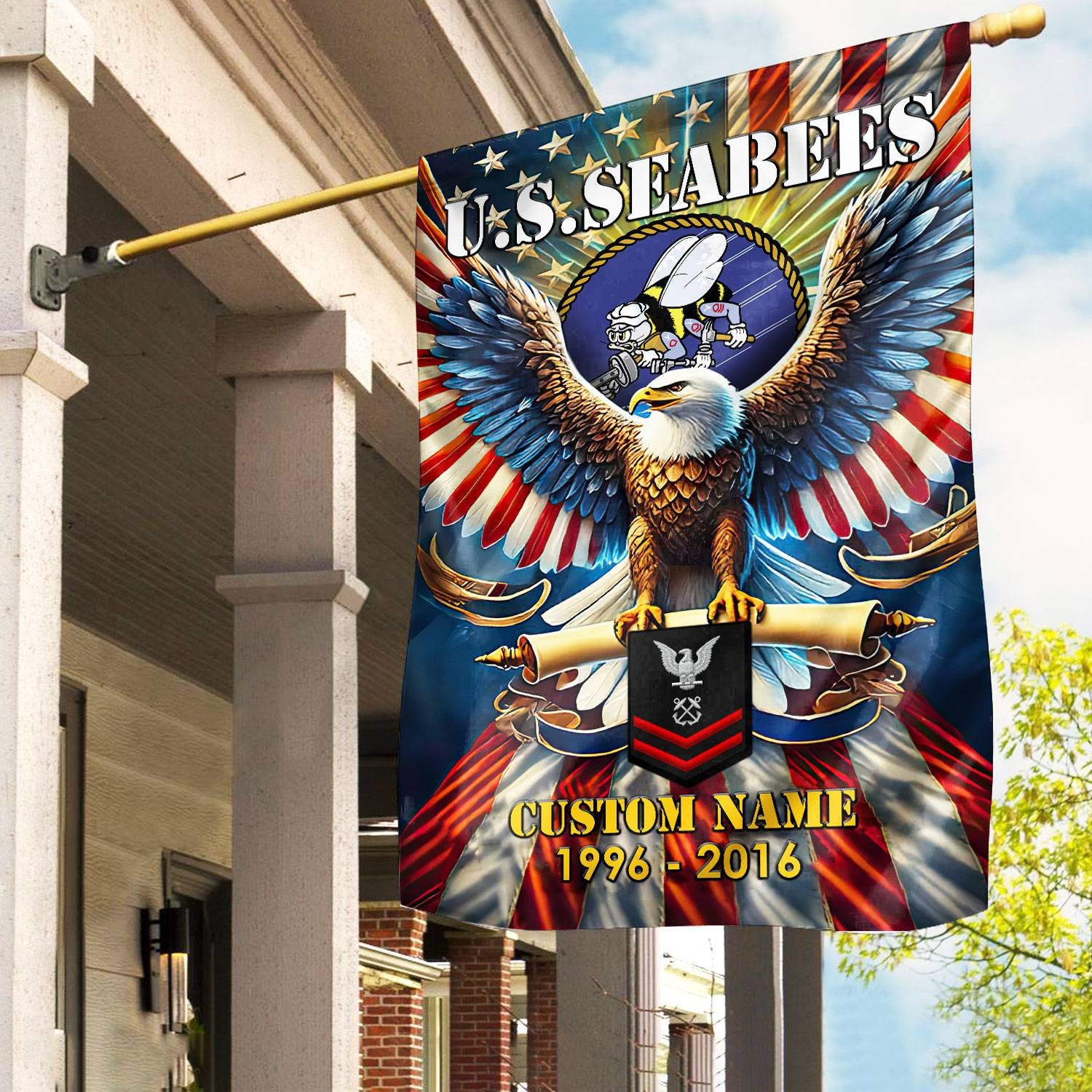 Premium Custom Name, Rank US Seabees Flag, Gift For Seabees Veteran, American Flag, Patriotic Flag, Garden Flag, House Flag, Best Gifts On Father's Day, Independence Day, Veterans Day.