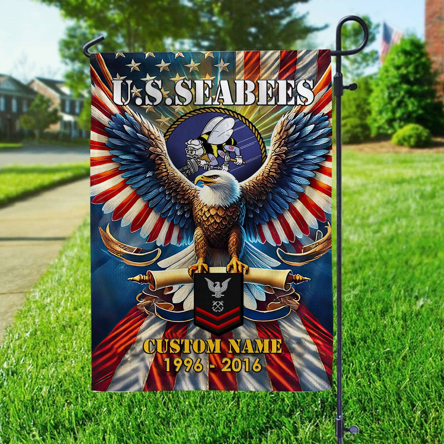 Premium Custom Name, Rank US Seabees Flag, Gift For Seabees Veteran, American Flag, Patriotic Flag, Garden Flag, House Flag, Best Gifts On Father's Day, Independence Day, Veterans Day.