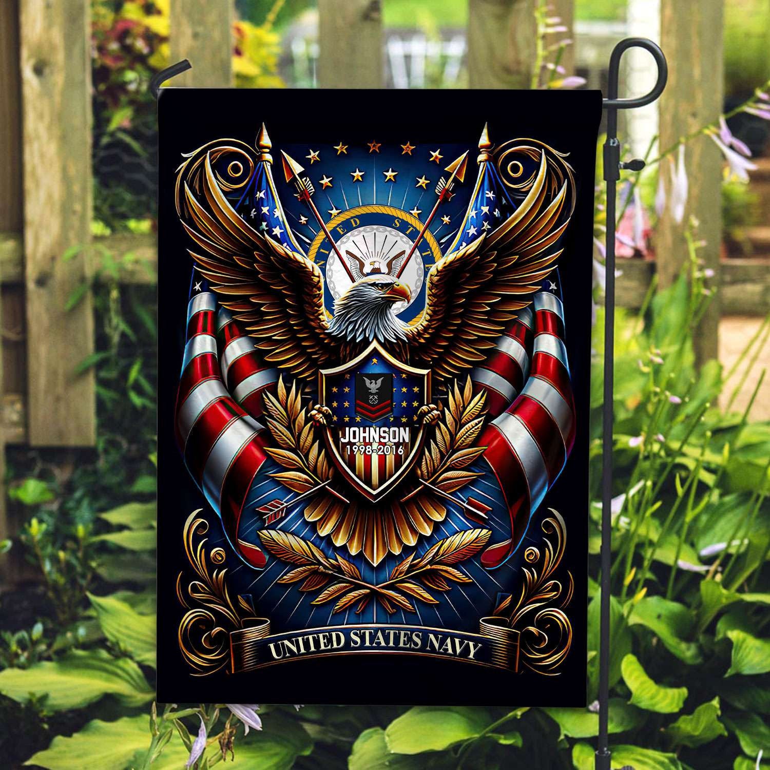 US Navy Flag, Custom Name, Rank, Year, Gift For Navy Veteran, American Flag, Patriotic Flag, Garden Flag, House Flag, Best Gifts On Father's Day, Independence Day, Veterans Day.