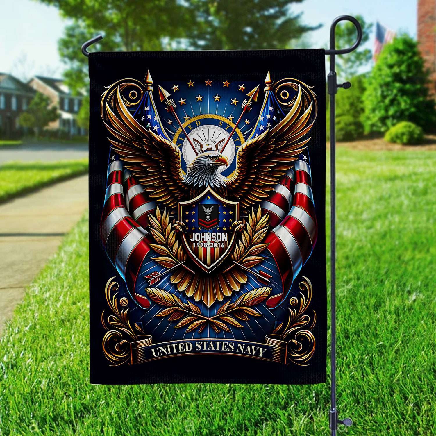 US Navy Flag, Custom Name, Rank, Year, Gift For Navy Veteran, American Flag, Patriotic Flag, Garden Flag, House Flag, Best Gifts On Father's Day, Independence Day, Veterans Day.