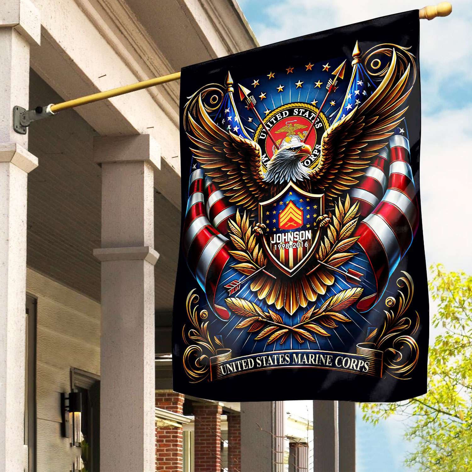 USMC Flag, Custom Name, Rank, Year, Gift For Marine Veteran, American Flag, Patriotic Flag, Garden Flag, House Flag, Best Gifts On Father's Day, Independence Day, Veterans Day.