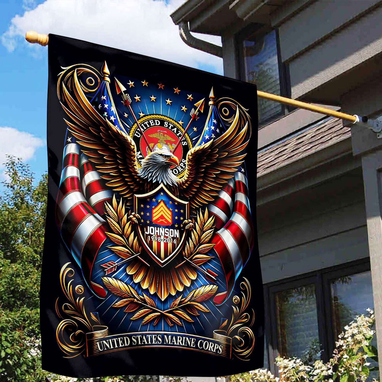 USMC Flag, Custom Name, Rank, Year, Gift For Marine Veteran, American Flag, Patriotic Flag, Garden Flag, House Flag, Best Gifts On Father's Day, Independence Day, Veterans Day.