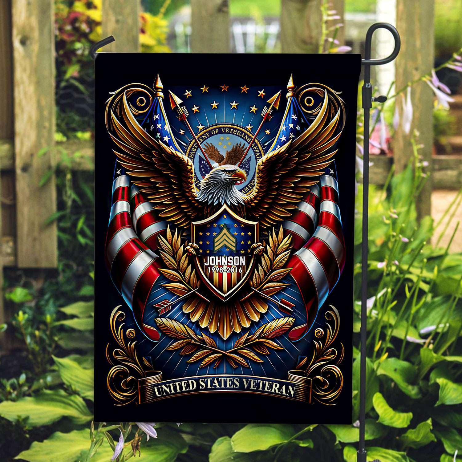 US Veteran Flag, Custom Name, Rank, Year, Gift For US Veteran, American Flag, Patriotic Flag, Garden Flag, House Flag, Best Gifts On Father's Day, Independence Day, Veterans Day.