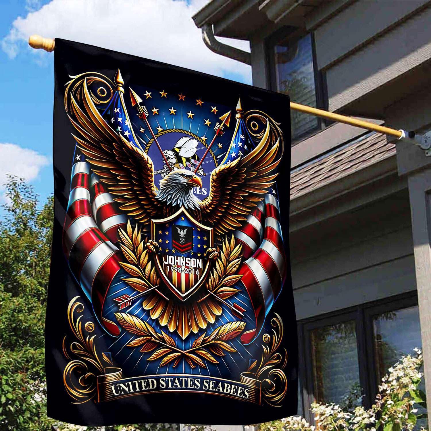 US Seabees Flag, Custom Name, Rank, Year, Gift For Seabees Veteran, American Flag, Patriotic Flag, Garden Flag, House Flag, Best Gifts On Father's Day, Independence Day, Veterans Day.