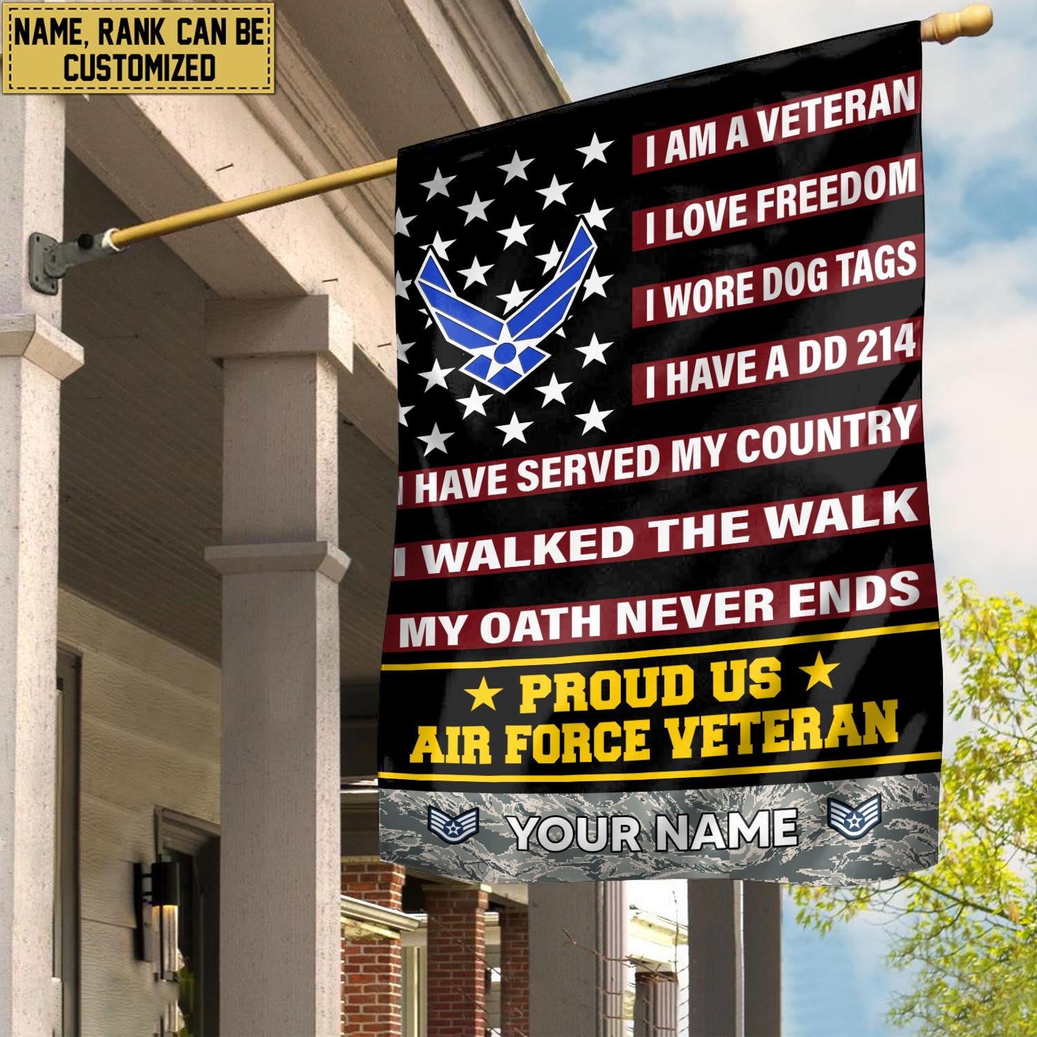 USAF Veteran Flag, Custom Name, Rank, Gift For Air Force Veteran, American Flag, Patriotic Flag, Garden Flag, House Flag