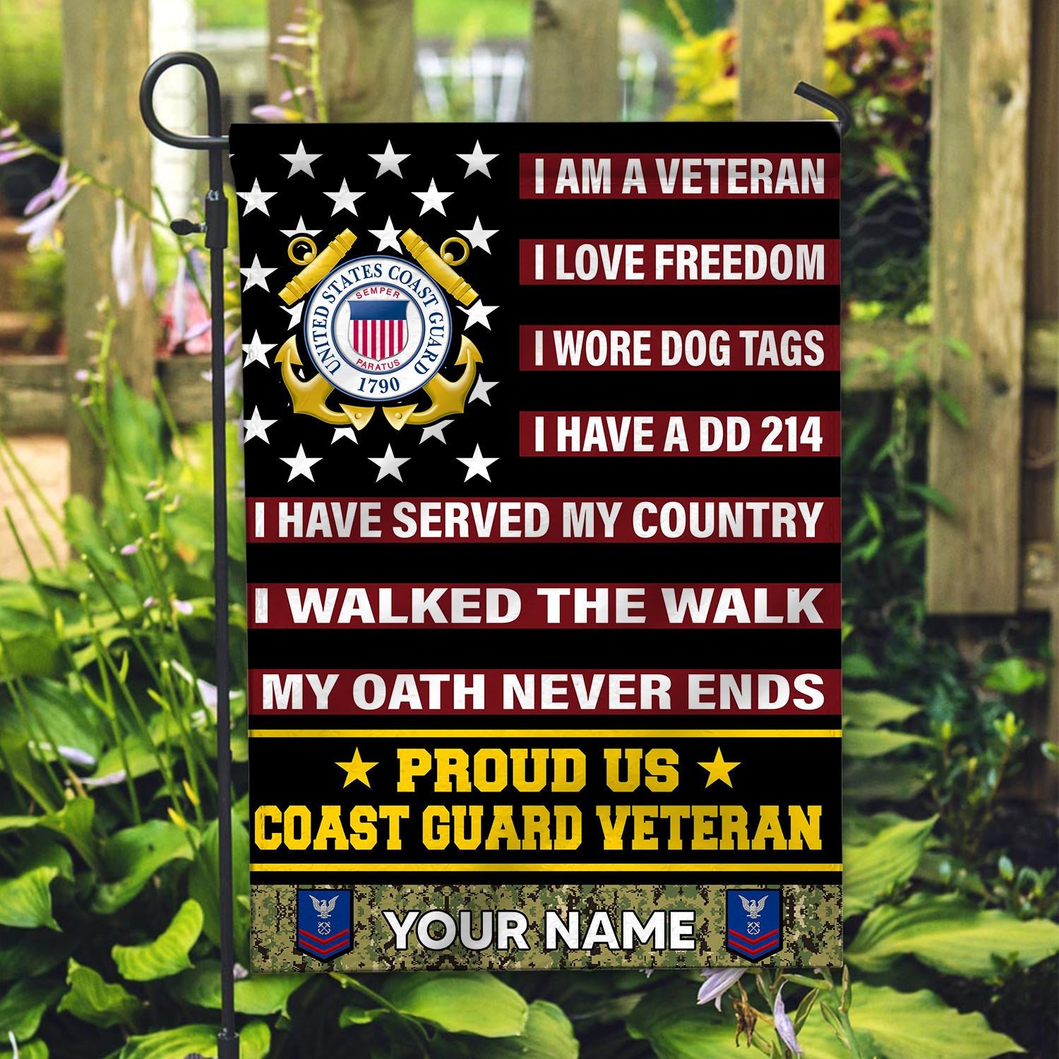 USCG Veteran Flag, Custom Name, Rank, Gift For Coast Guard Veteran, American Flag, Patriotic Flag, Garden Flag, House Flag