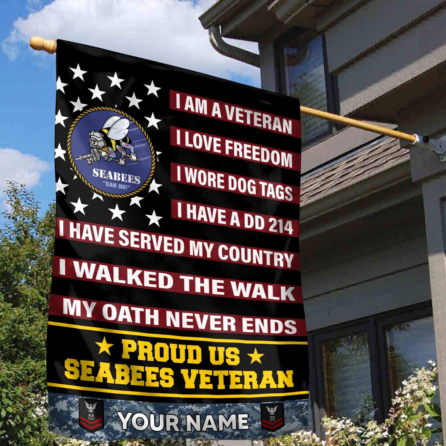 US Seabees Veteran Flag, Custom Name, Rank, Gift For Seabees Veteran, American Flag, Patriotic Flag, Garden Flag, House Flag