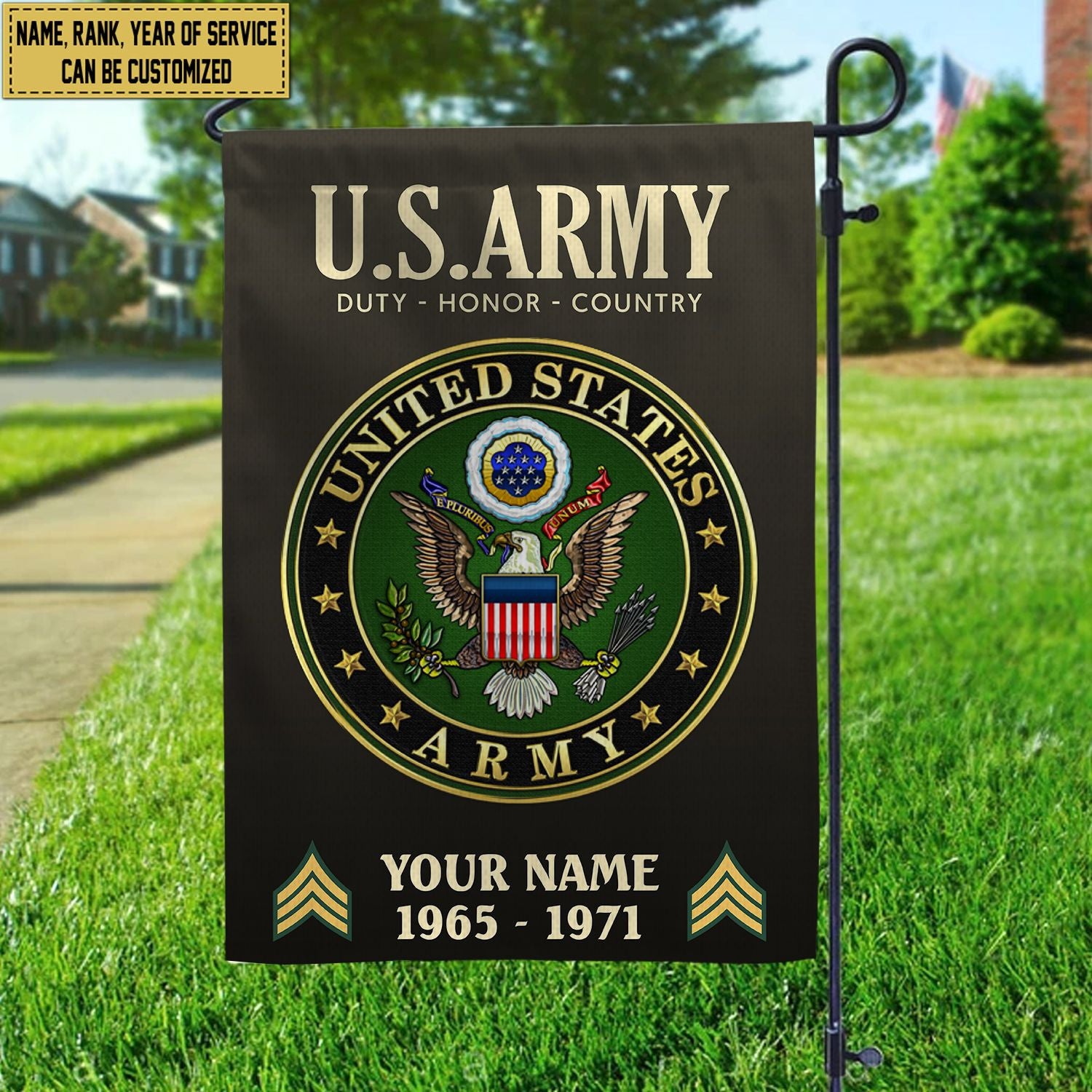 US Army Flag, Custom Name, Rank, Year, Gift For Army Veteran, American Flag, Patriotic Flag, Garden Flag, House Flag