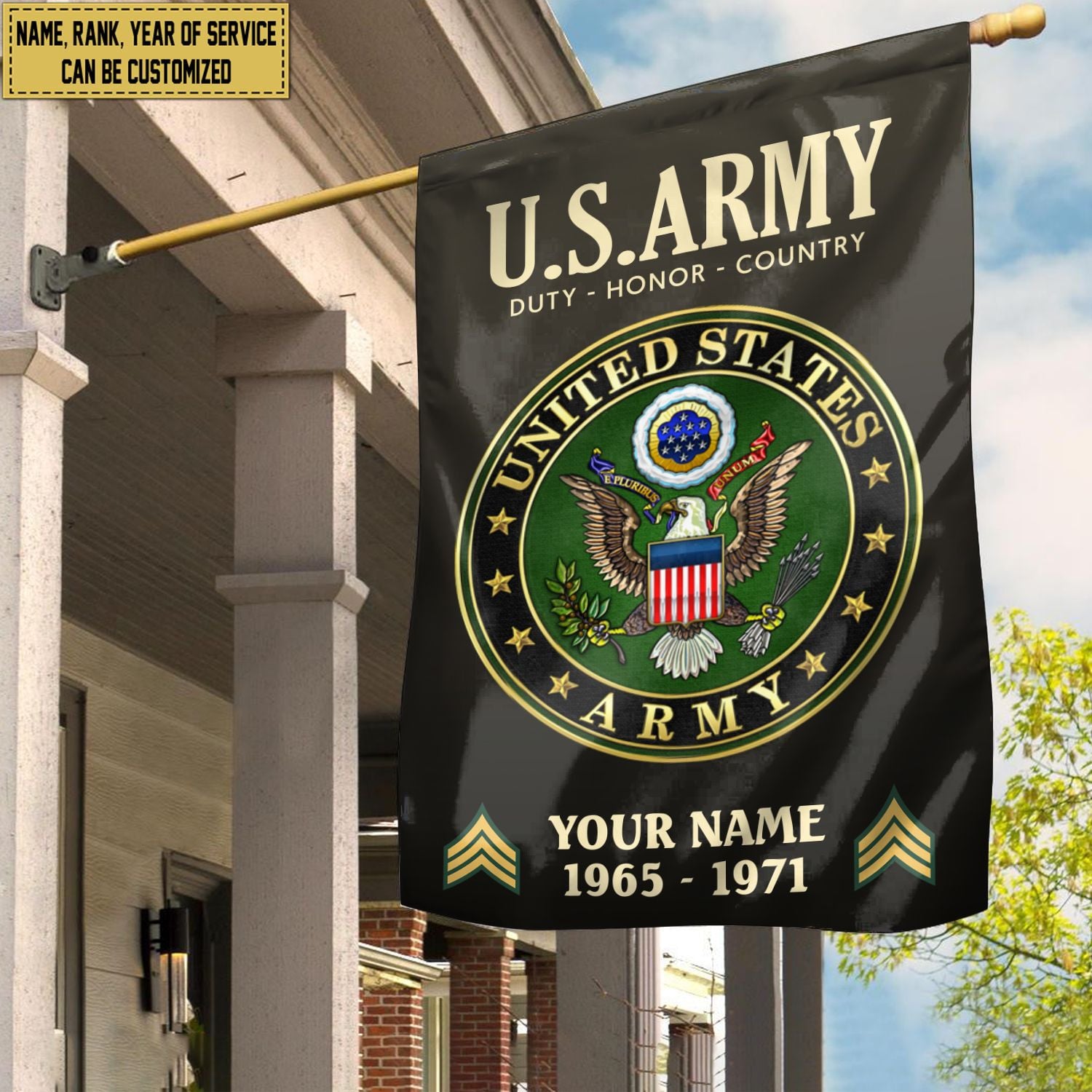 US Army Flag, Custom Name, Rank, Year, Gift For Army Veteran, American Flag, Patriotic Flag, Garden Flag, House Flag