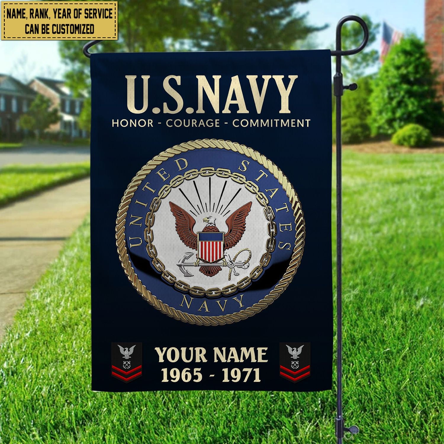 US Navy Flag, Custom Name, Rank, Year, Gift For Navy Veteran, American Flag, Patriotic Flag, Garden Flag, House Flag
