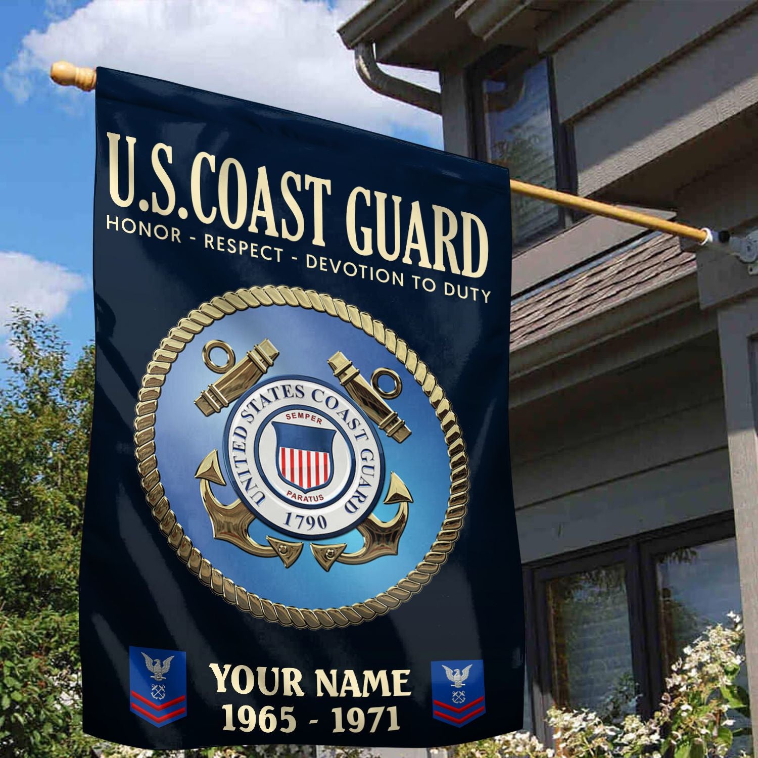 USCG Flag, Custom Name, Rank, Year, Gift For Coast Guard Veteran, American Flag, Patriotic Flag, Garden Flag, House Flag