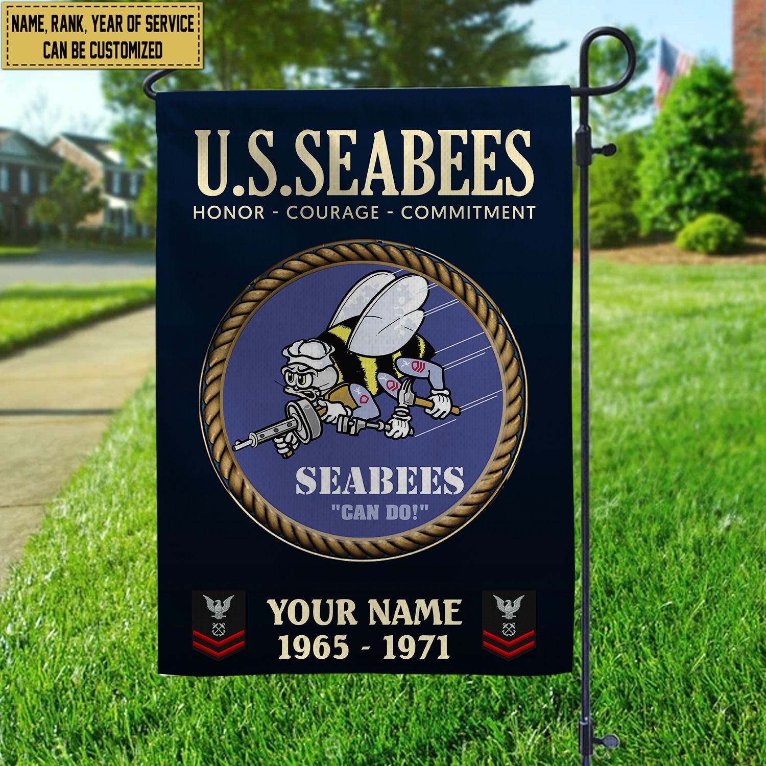 US Seabees Veteran Flag, Custom Name, Rank, Year, Gift For Seabees Veteran, American Flag, Patriotic Flag, Garden Flag, House Flag