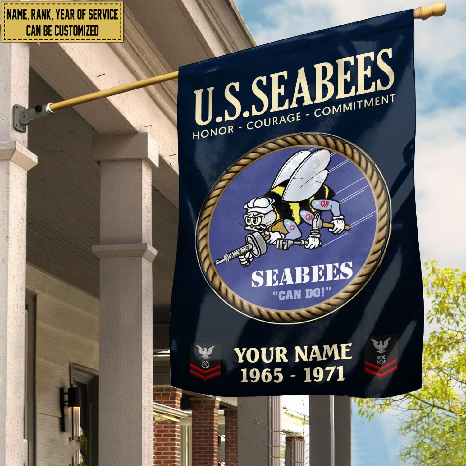 US Seabees Veteran Flag, Custom Name, Rank, Year, Gift For Seabees Veteran, American Flag, Patriotic Flag, Garden Flag, House Flag