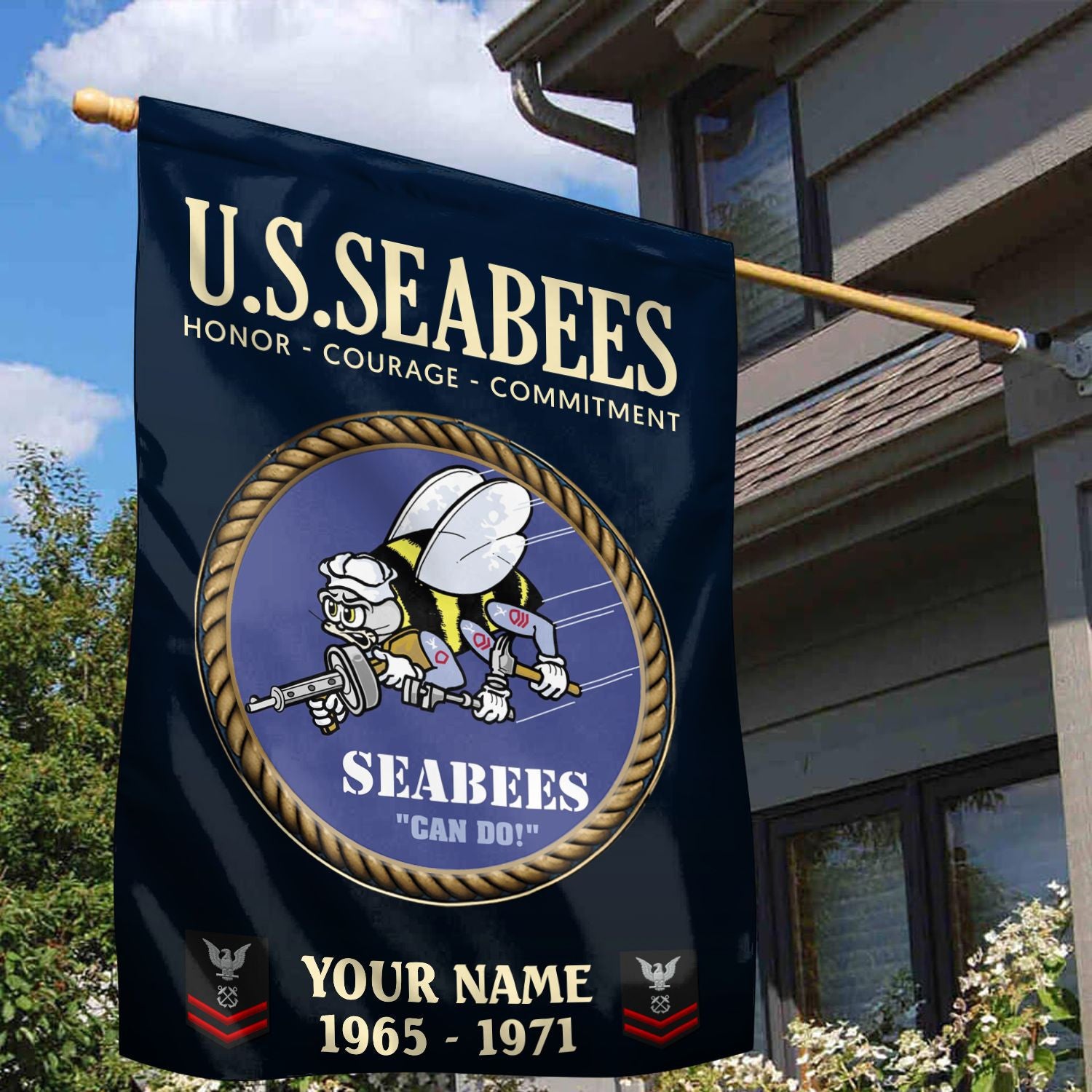 US Seabees Veteran Flag, Custom Name, Rank, Year, Gift For Seabees Veteran, American Flag, Patriotic Flag, Garden Flag, House Flag