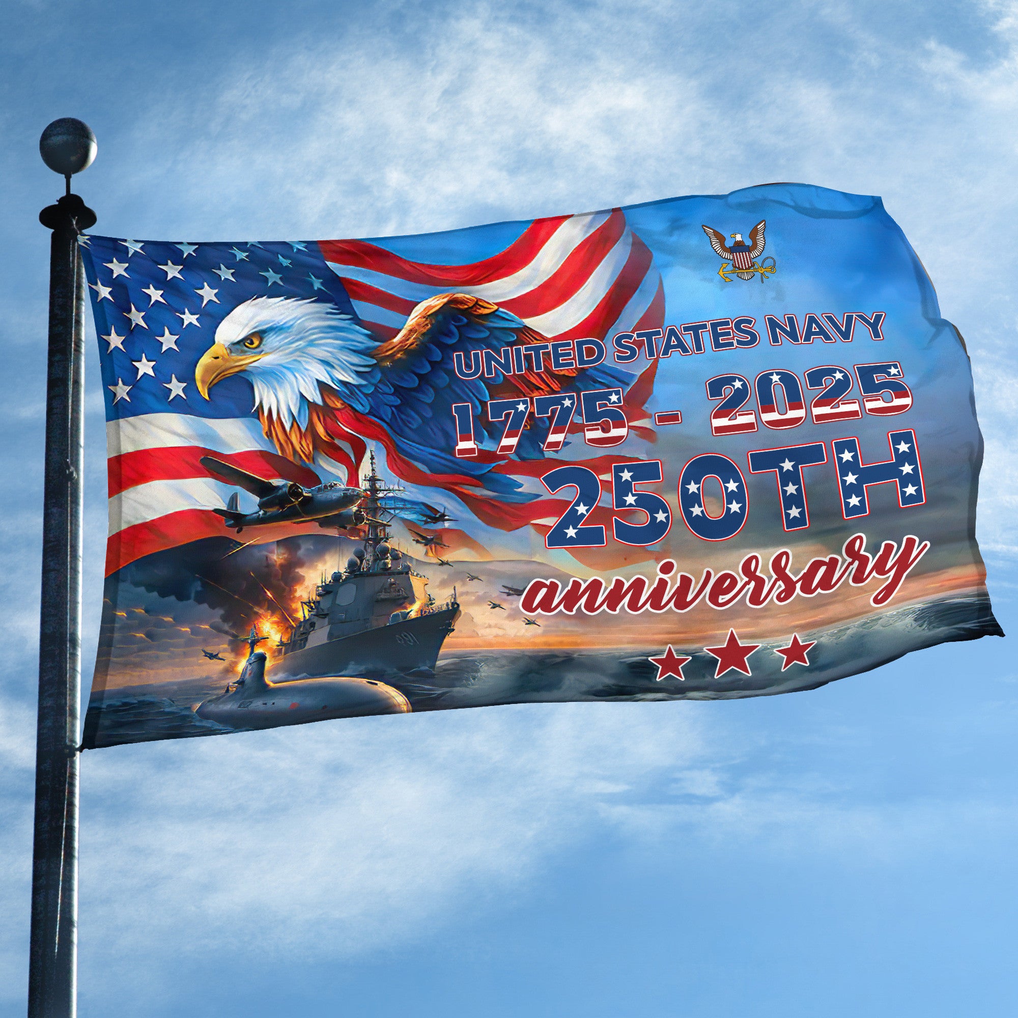 Premium US Navy Grommet Flag, 250th Anniversary Navy Flag, Gifts For Navy Veteran, Best Gifts On Father's Day, Veterans Day.