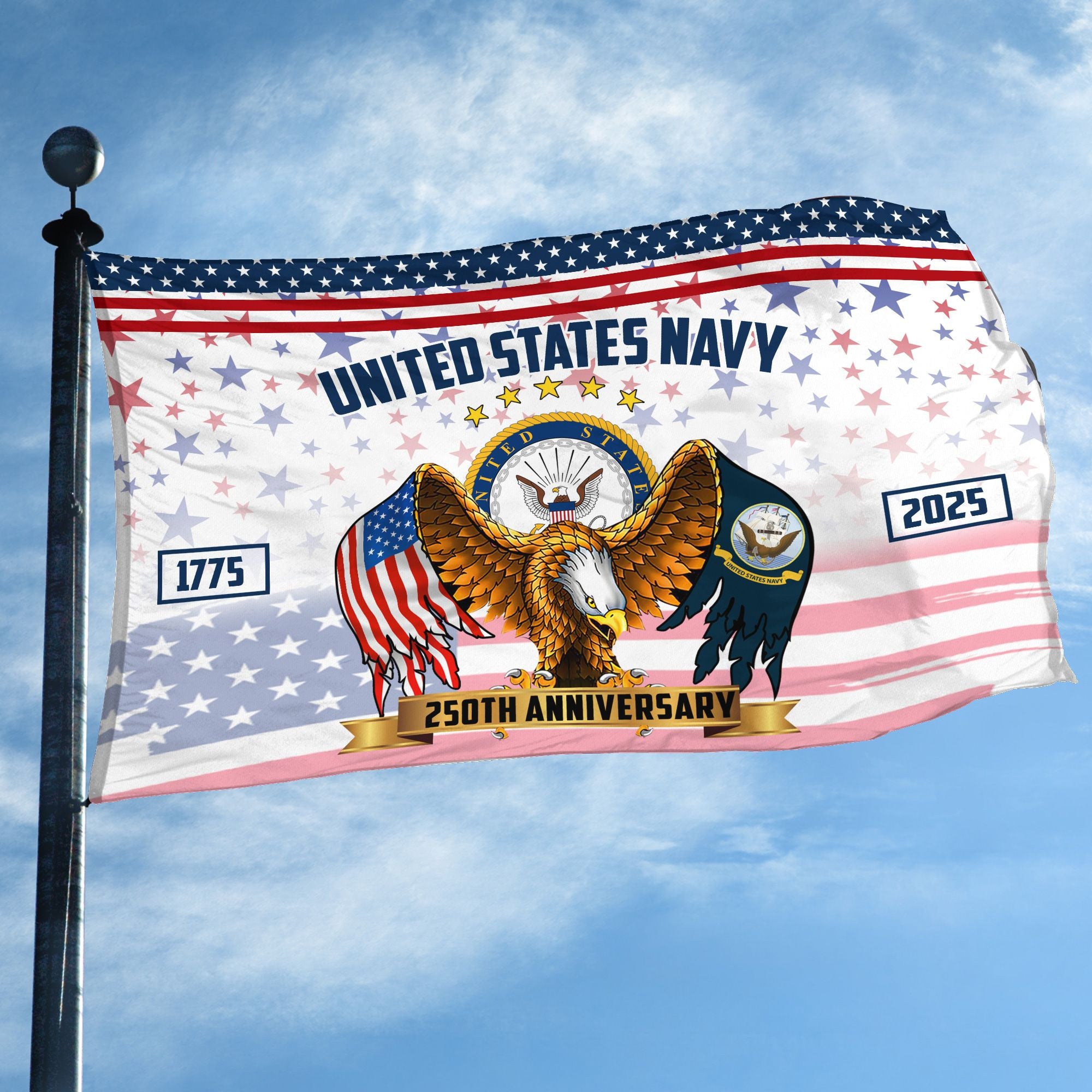 Premium US Navy Grommet Flag, 250th Anniversary Navy Flag, Gifts For Navy Veteran, Best Gifts On Father's Day, Veterans Day.