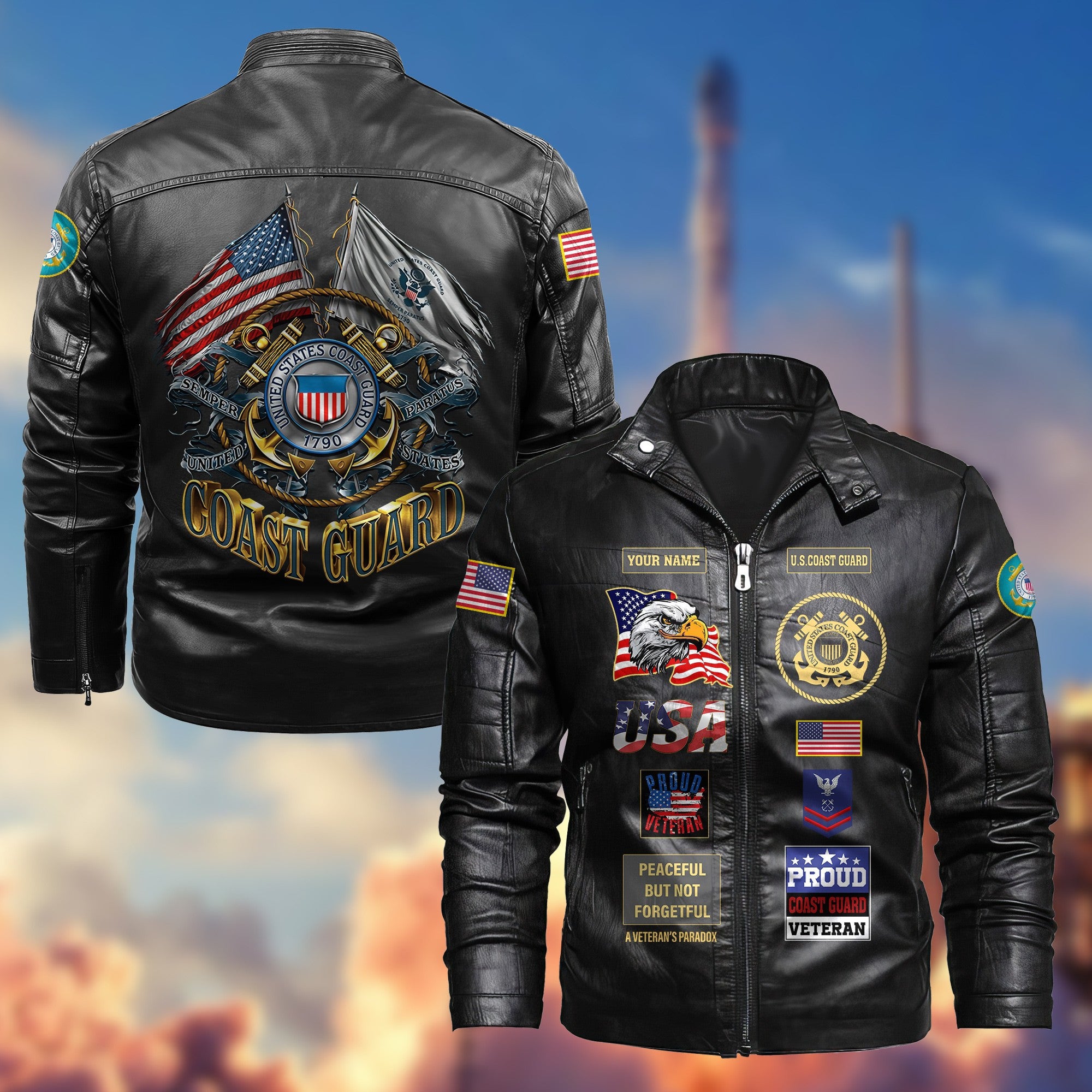 Premium Personalized USCG Veteran Leather Jacket, Gifts For Coast Guard Veteran, Gifts On Father's Day, Armed Forces Day, Veterans Day.