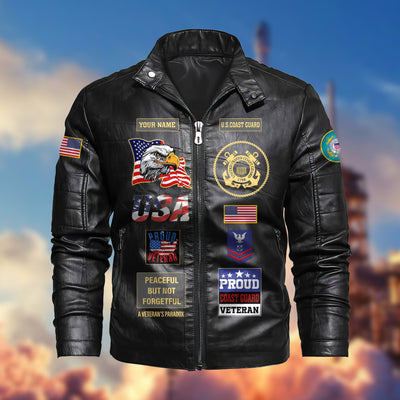 Premium Personalized USCG Veteran Leather Jacket, Gifts For Coast Guard Veteran, Gifts On Father's Day, Armed Forces Day, Veterans Day.