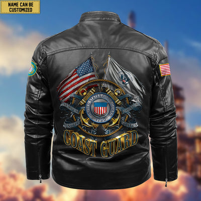 Premium Personalized USCG Veteran Leather Jacket, Gifts For Coast Guard Veteran, Gifts On Father's Day, Armed Forces Day, Veterans Day.