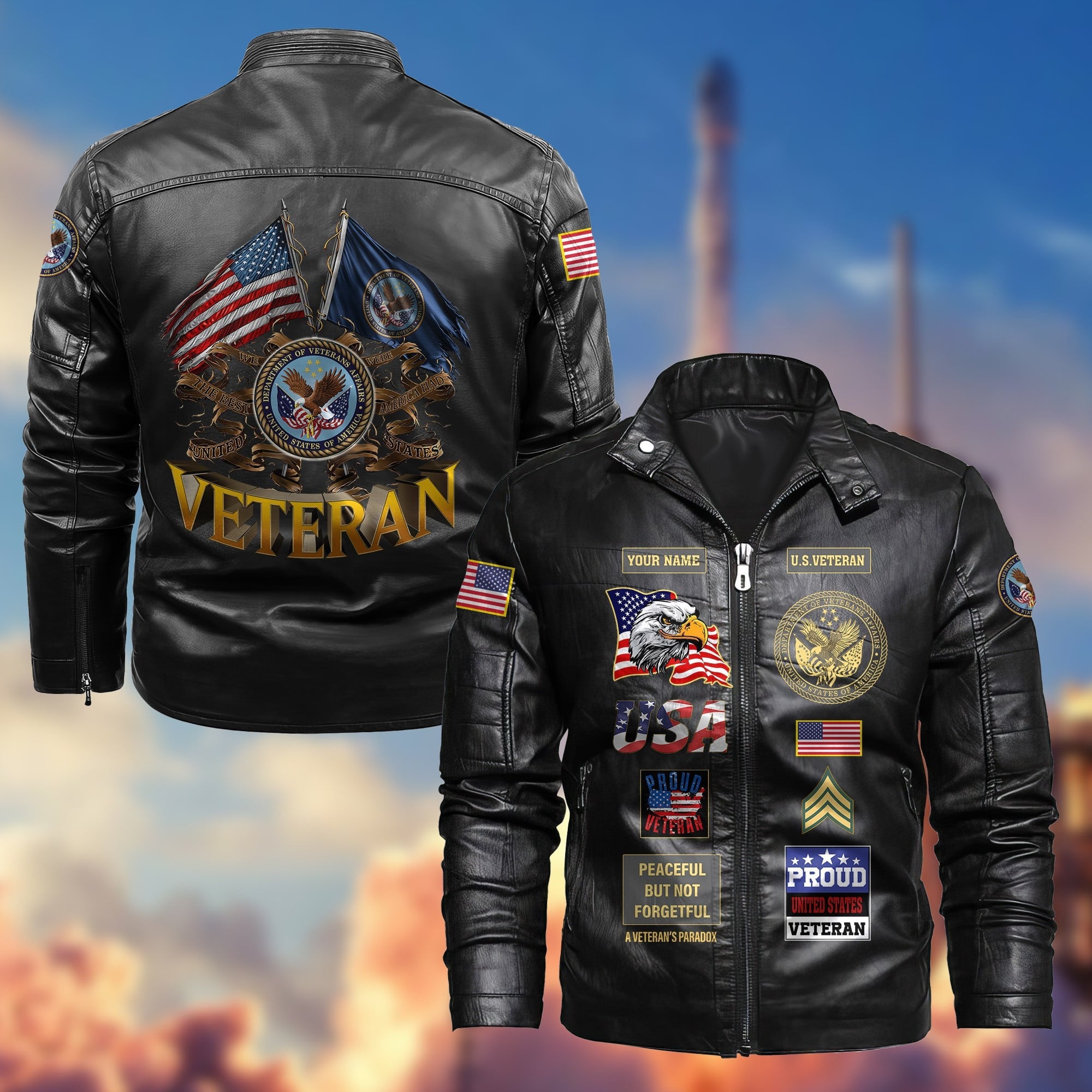 Premium Personalized US Veteran Leather Jacket, Gifts For US Veteran, Gifts On Father's Day, Armed Forces Day, Veterans Day.