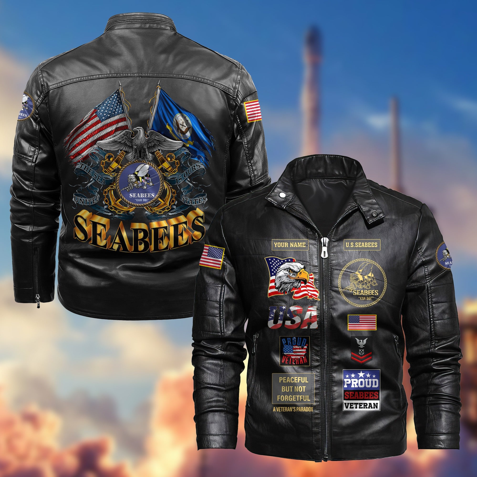 Premium Personalized US Seabees Veteran Leather Jacket, Gifts For Seabees Veteran, Gifts On Father's Day, Armed Forces Day, Veterans Day.