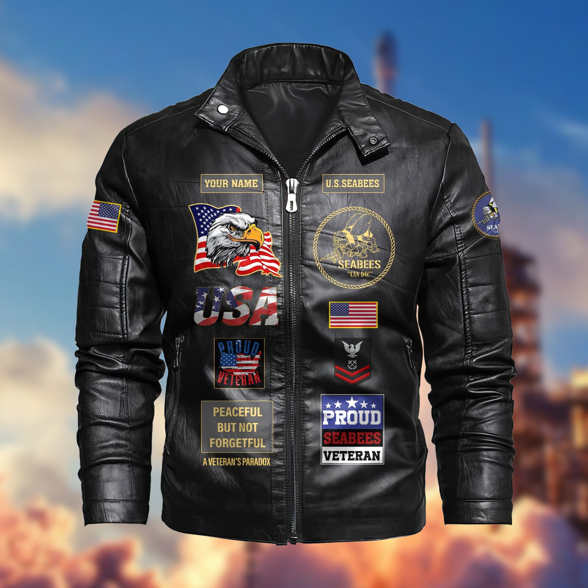 Premium Personalized US Seabees Veteran Leather Jacket, Gifts For Seabees Veteran, Gifts On Father's Day, Armed Forces Day, Veterans Day.