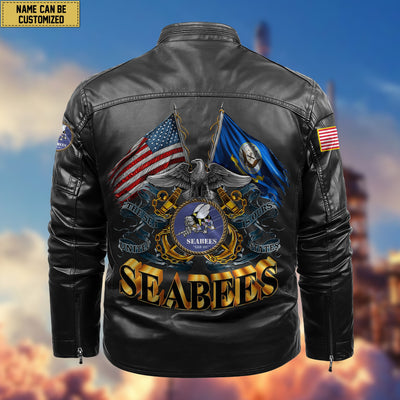 Premium Personalized US Seabees Veteran Leather Jacket, Gifts For Seabees Veteran, Gifts On Father's Day, Armed Forces Day, Veterans Day.