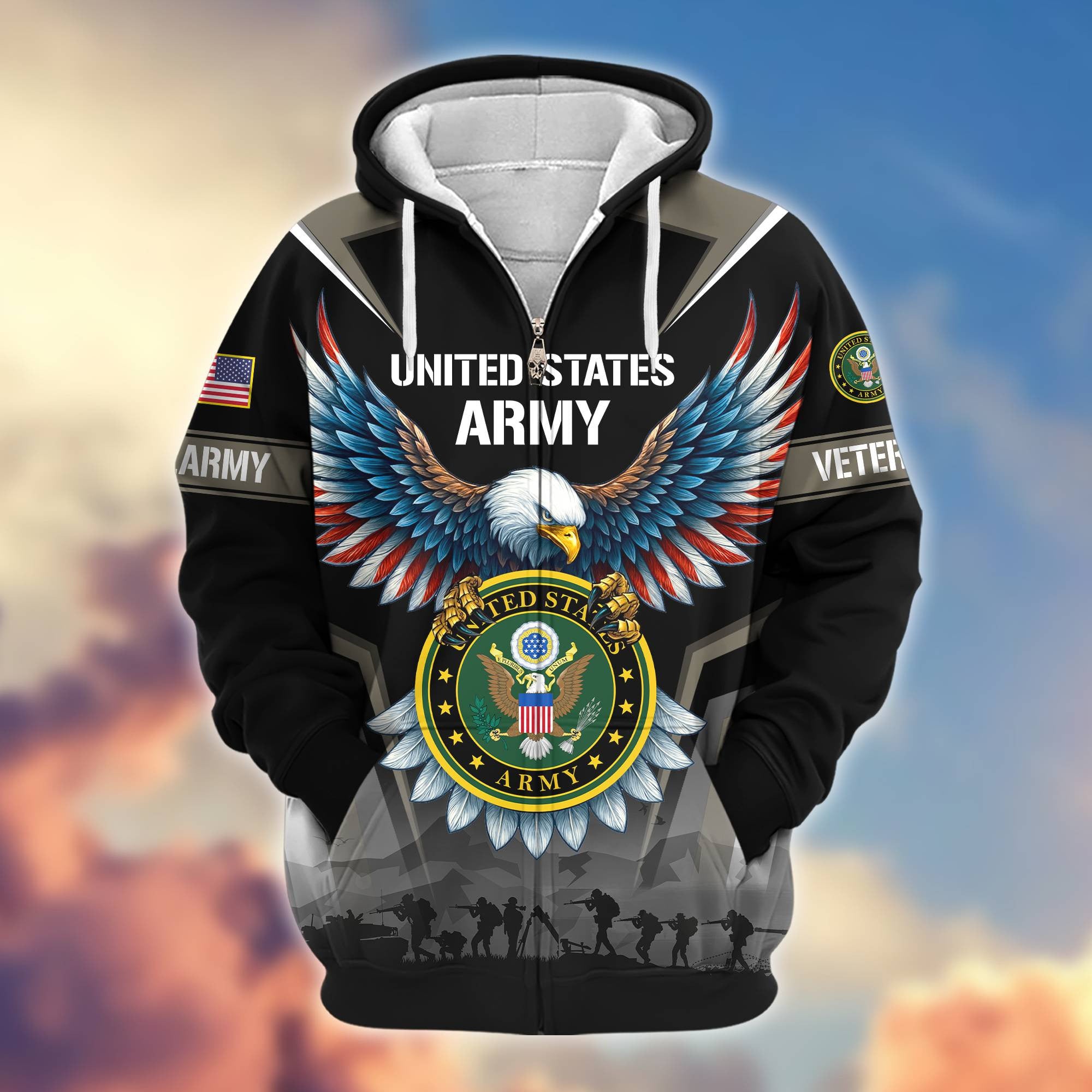Premium US Veterans Zip Hoodie, Gifts For US Veterans, Gifts On Father's Day, Veterans Day.