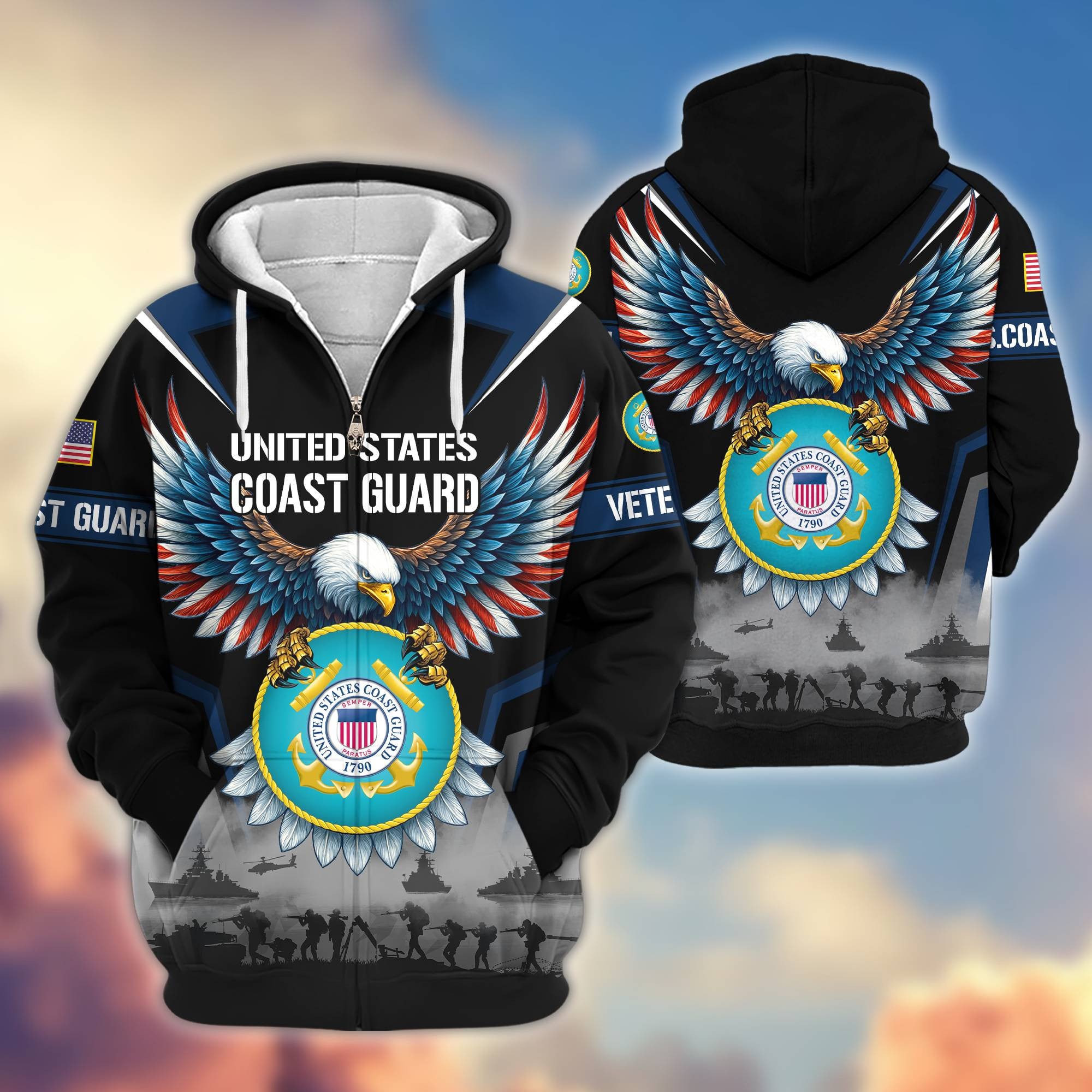Premium US Veterans Zip Hoodie, Gifts For US Veterans, Gifts On Father's Day, Veterans Day.