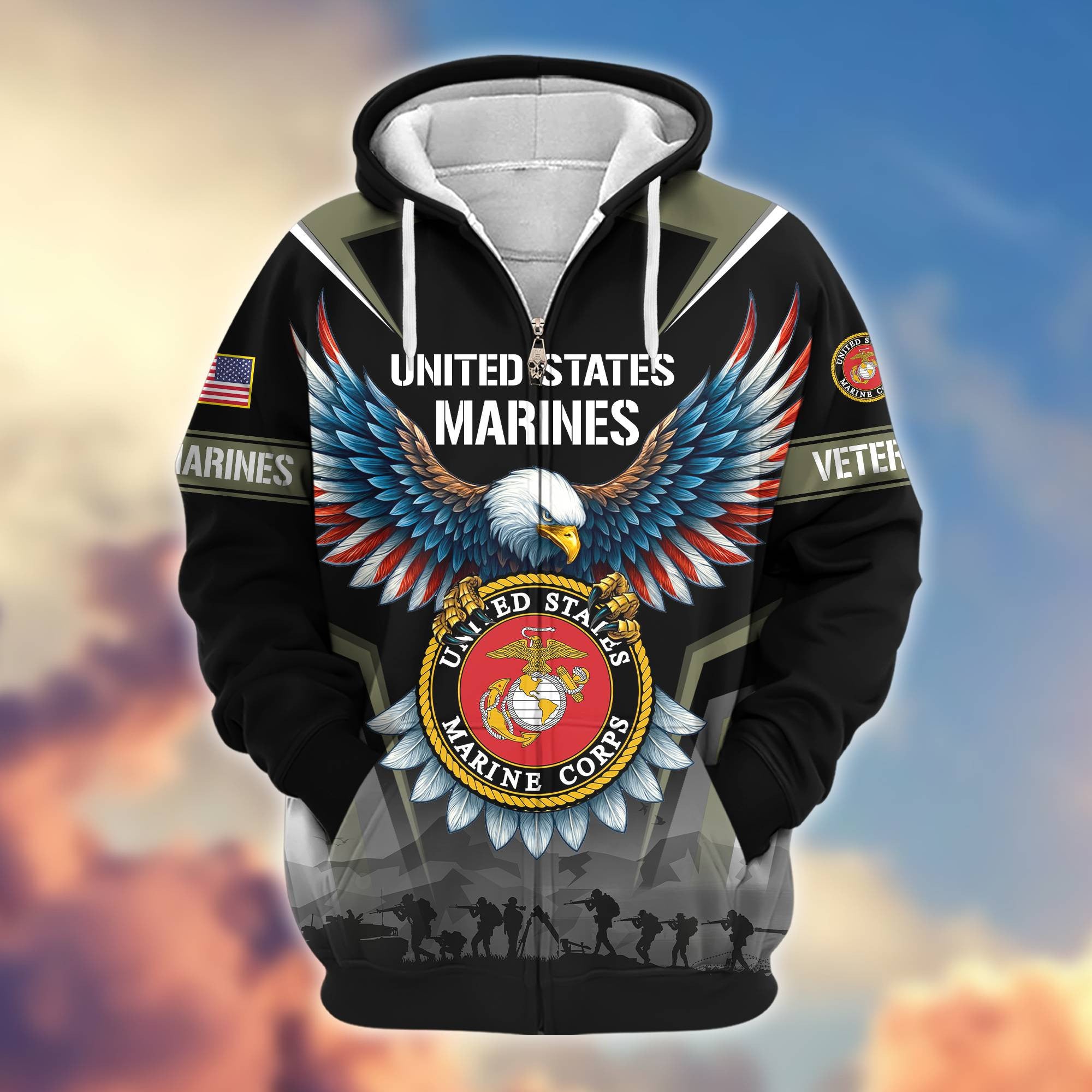 Premium US Veterans Zip Hoodie, Gifts For US Veterans, Gifts On Father's Day, Veterans Day.