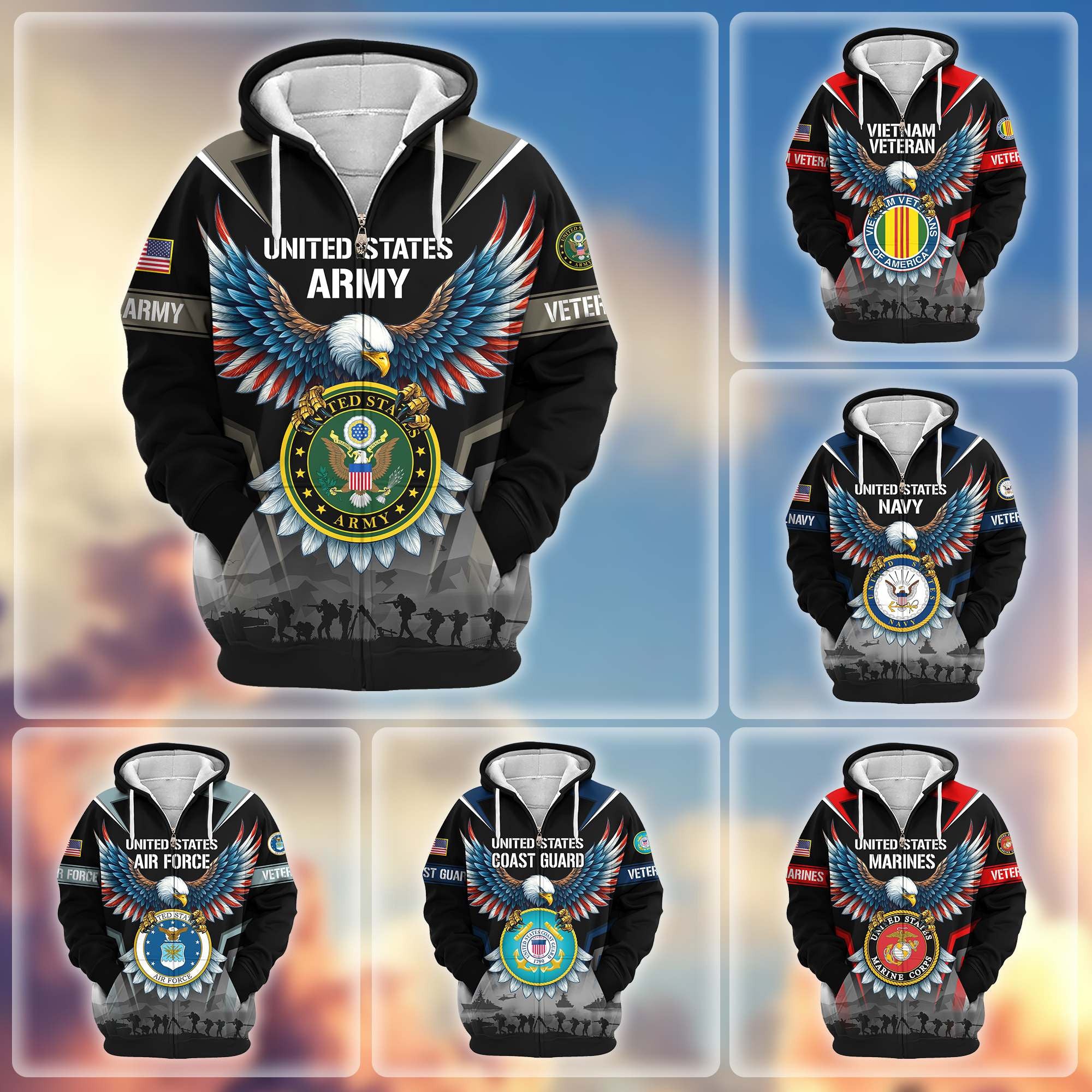 Premium US Veterans Zip Hoodie, Gifts For US Veterans, Gifts On Father's Day, Veterans Day.