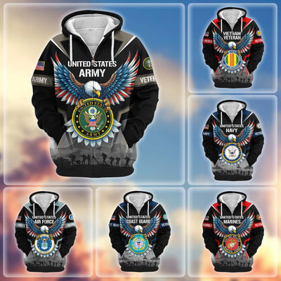 Premium US Veterans Zip Hoodie, Gifts For US Veterans, Gifts On Father's Day, Veterans Day.