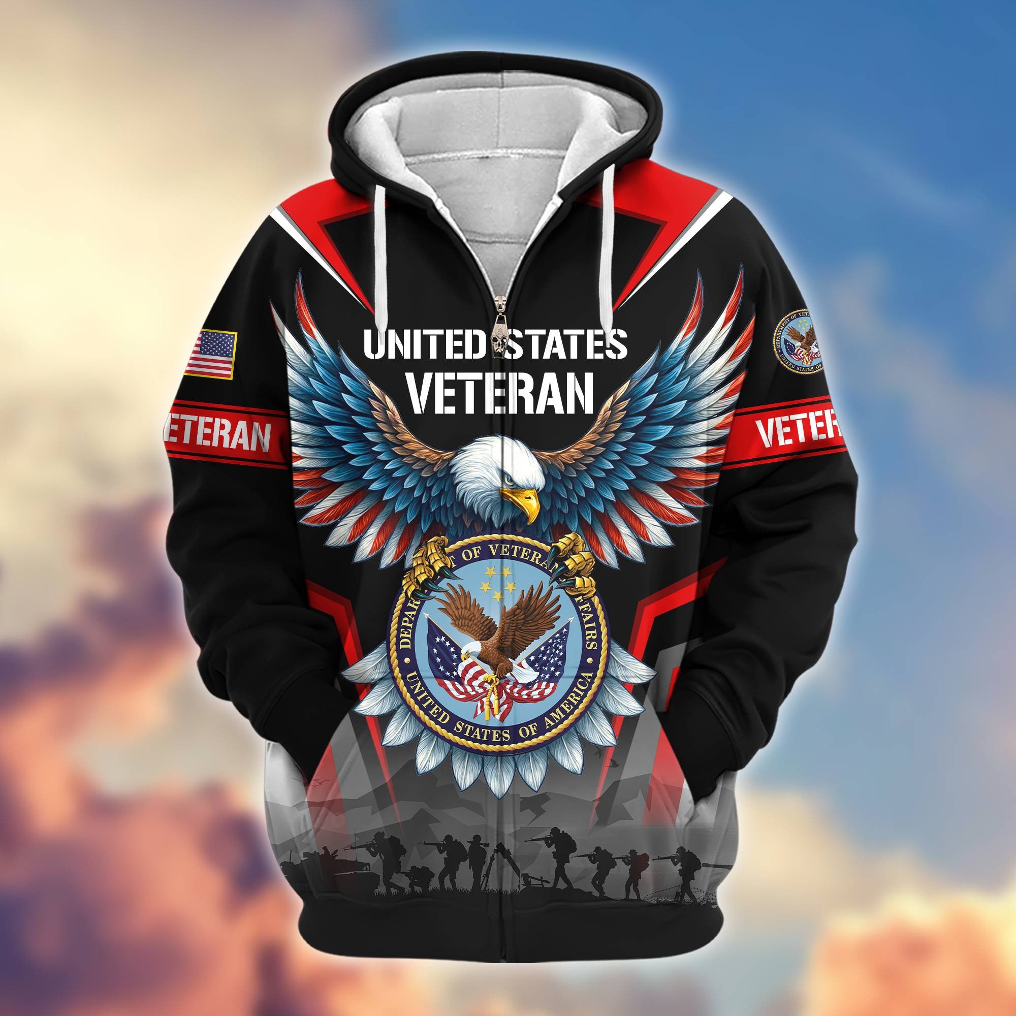 Premium US Veterans Zip Hoodie, Gifts For US Veterans, Gifts On Father's Day, Veterans Day.