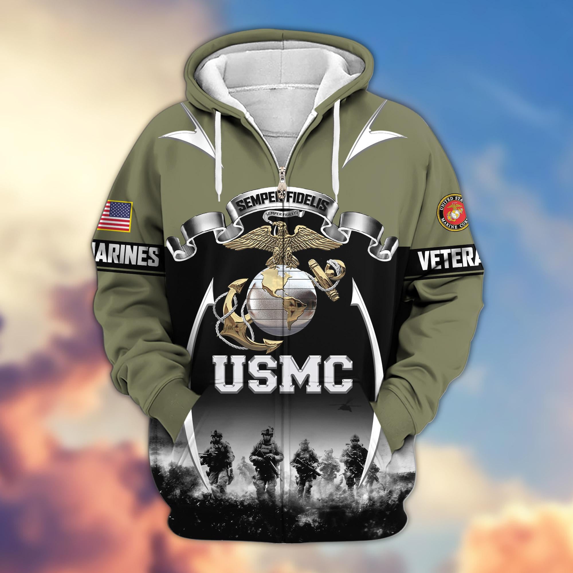 Premium US Veterans Zip Hoodie, Gifts For US Veterans, Gifts On Father's Day, Veterans Day.