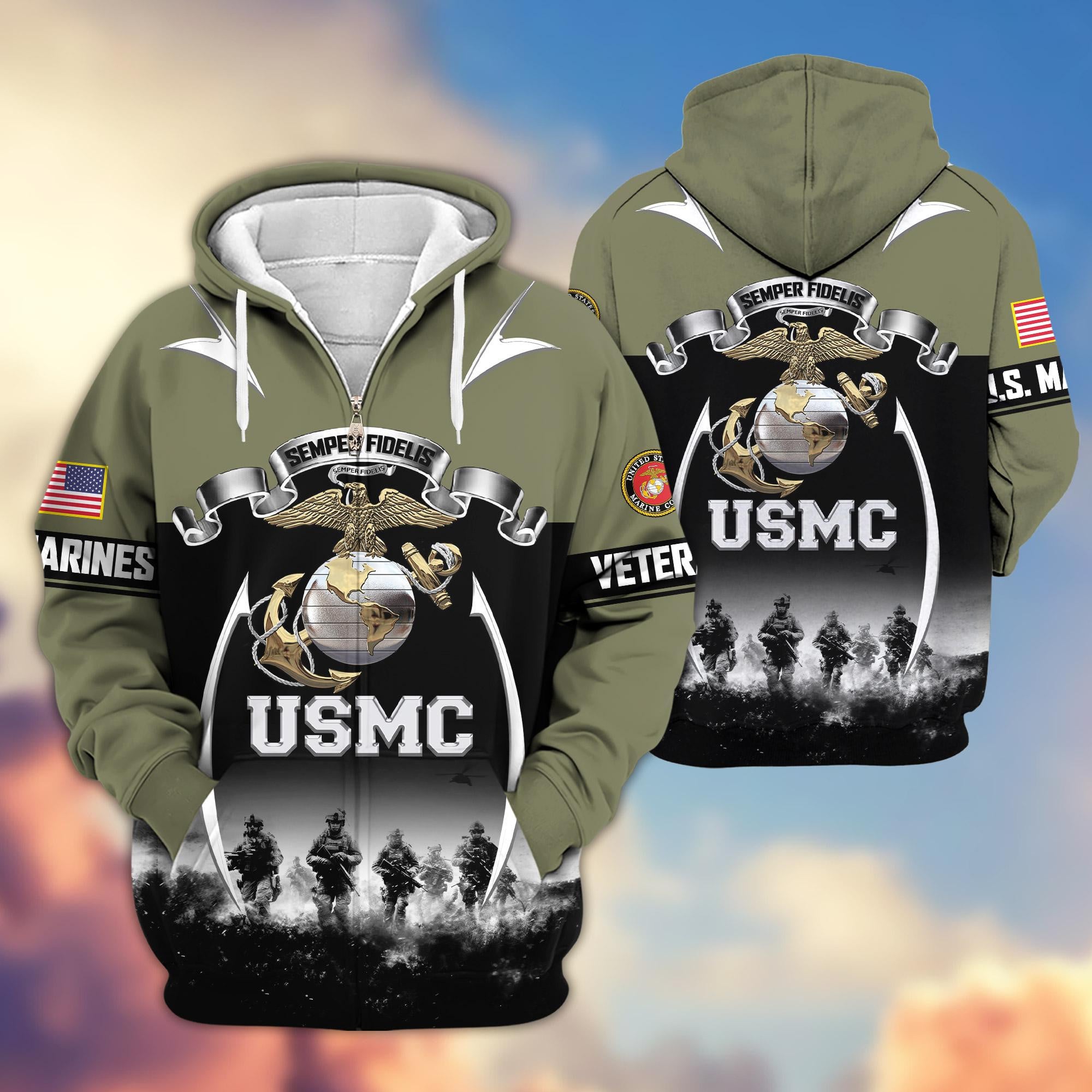 Premium US Veterans Zip Hoodie, Gifts For US Veterans, Gifts On Father's Day, Veterans Day.